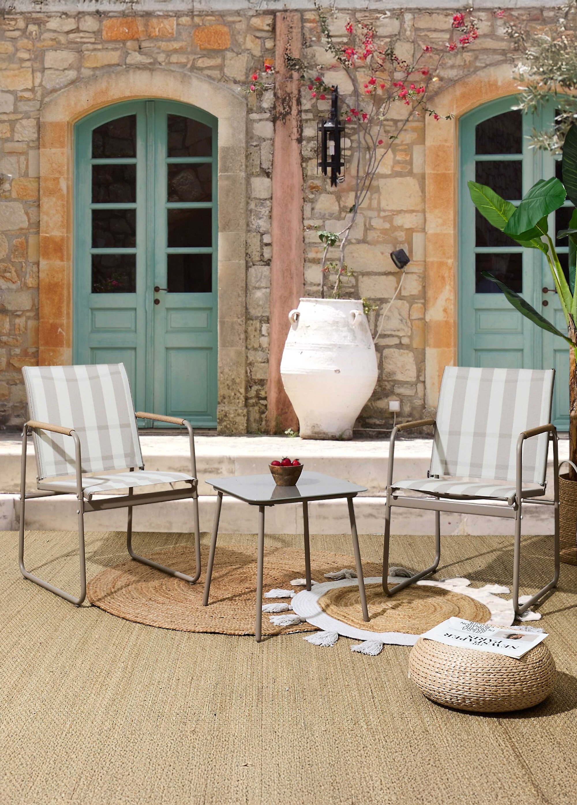 Salon de jardin 3 pièces toile rayée BEIGE CMP-HDO7435 SI1