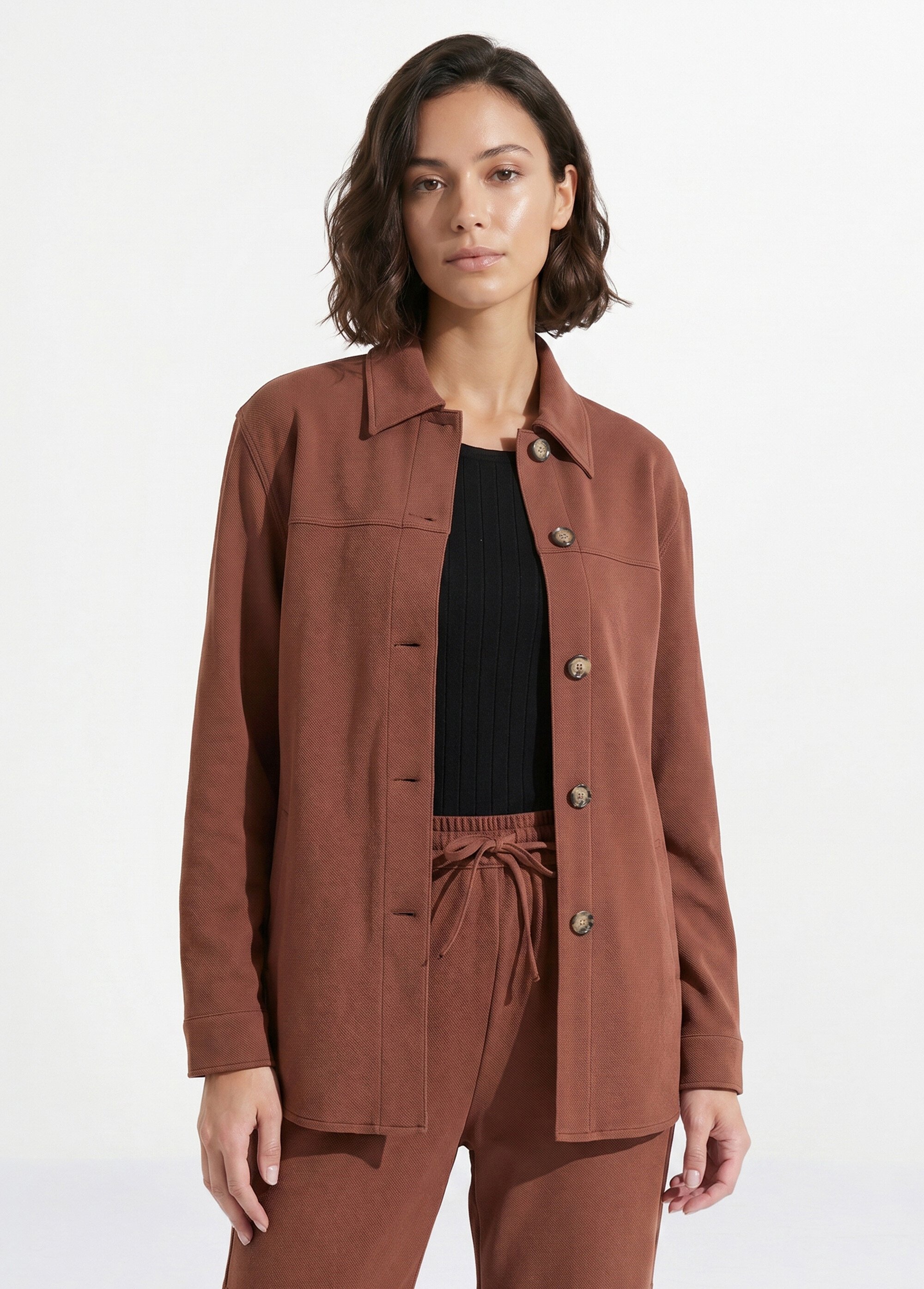 Surchemise boutonnée maille crêpe unie Femme Marron CARIBA FA1