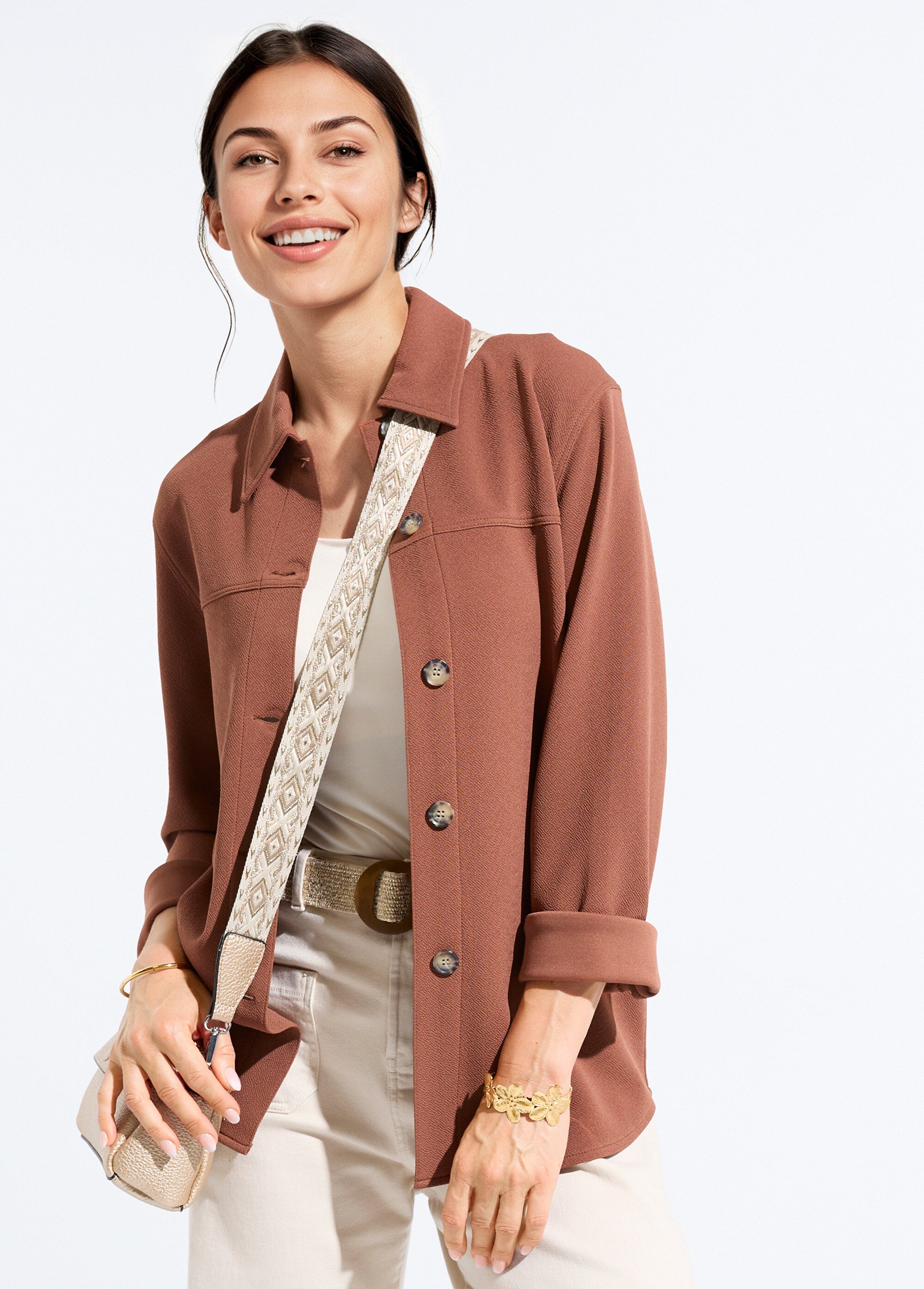 Surchemise boutonnée maille crêpe unie Femme Marron CARIBA MV1