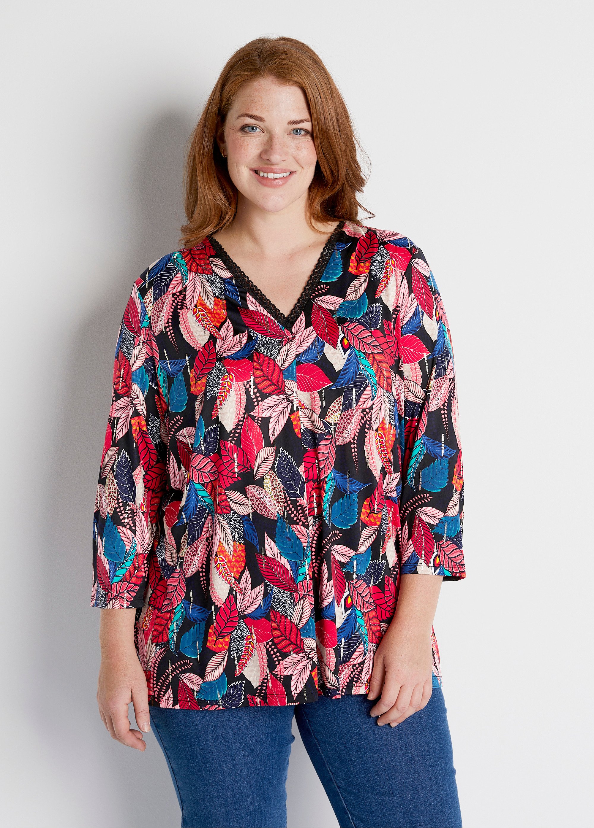 T-shirt long imprimé détail dentelle