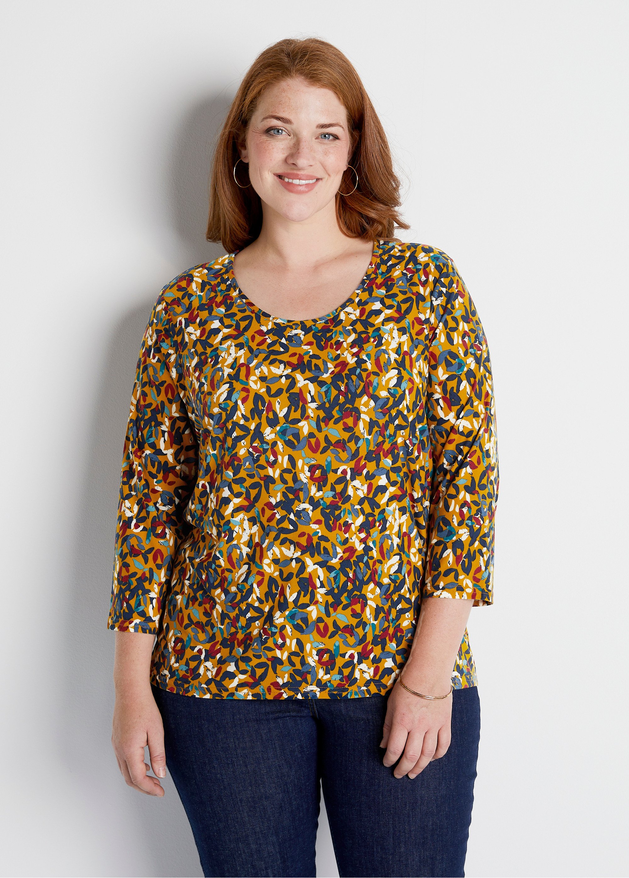 T-shirt court col rond manches 3/4 imprimé