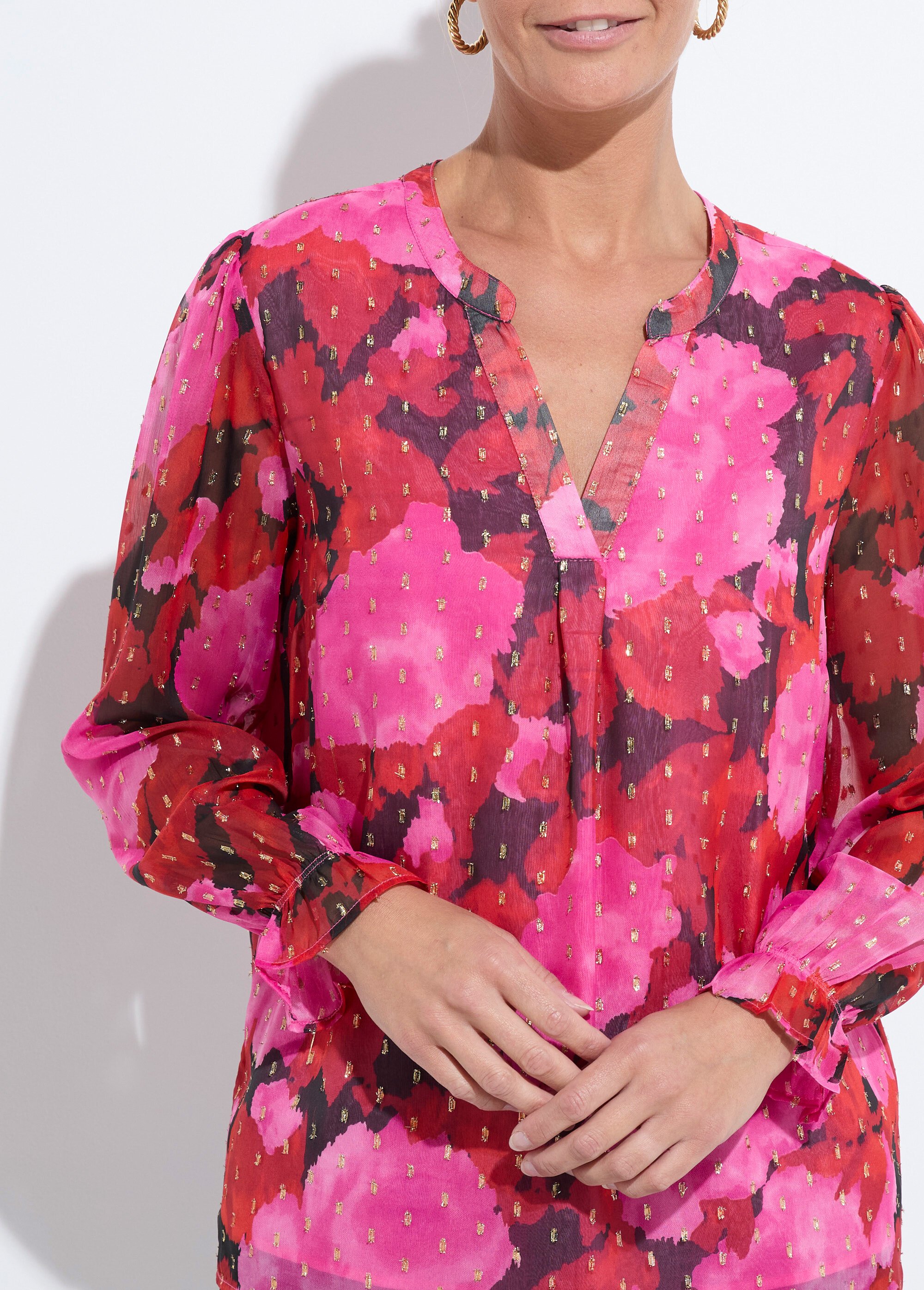 Tunique col V voile imprimé motifs dorés