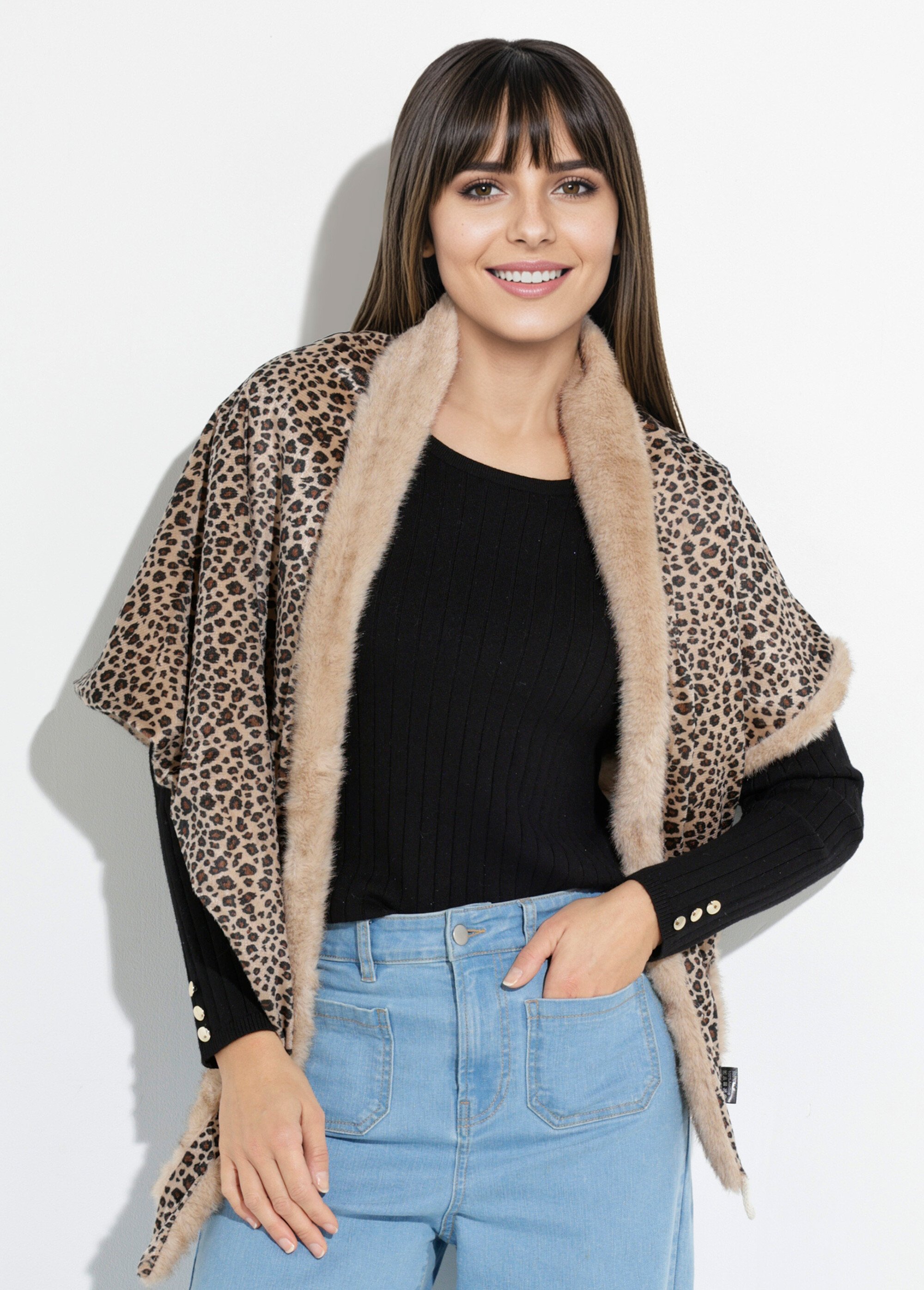 Tour de cou fourrure léopard à boutonner Femme Beige TD-FLJC25332 FA3