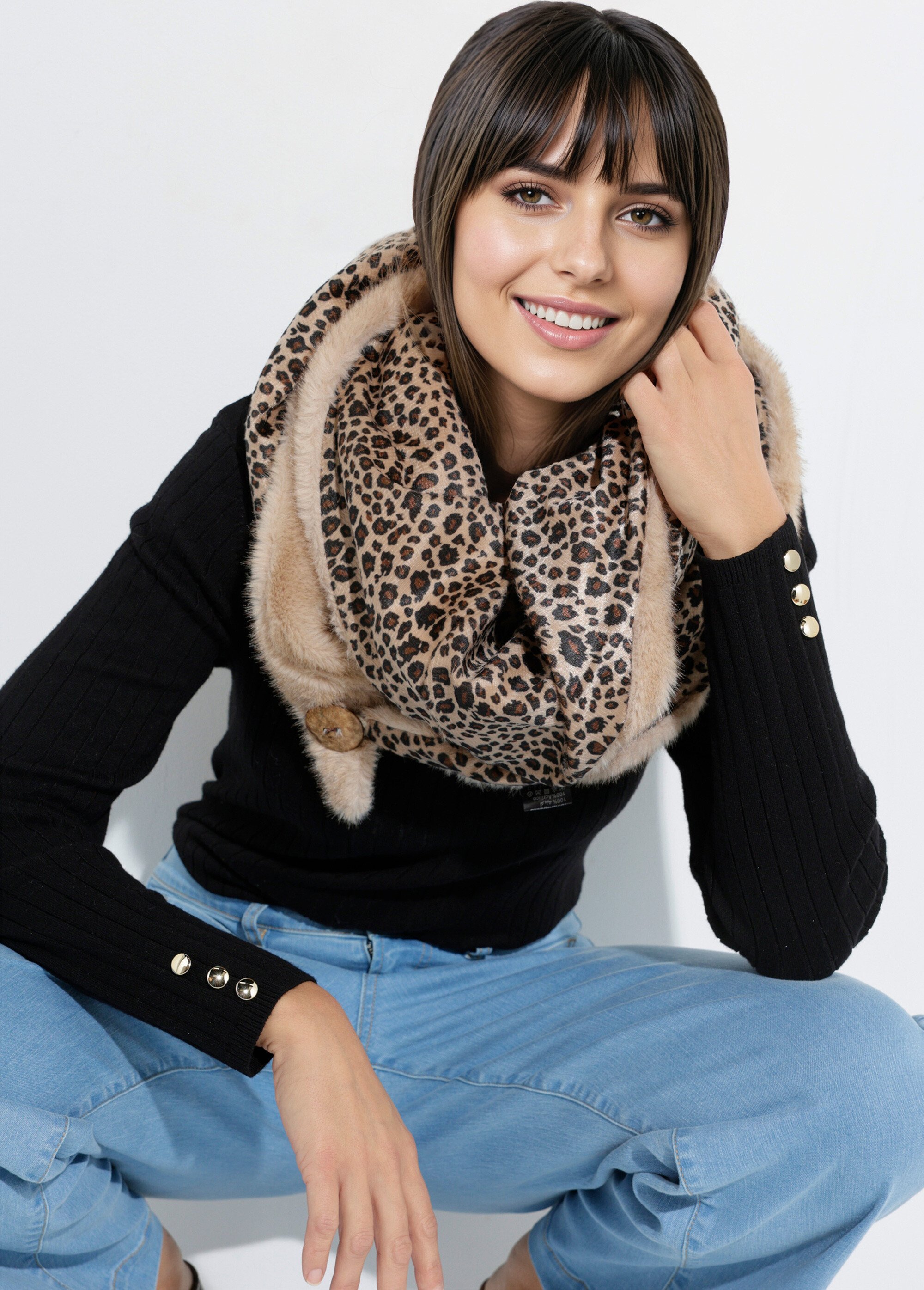 Tour de cou fourrure léopard à boutonner Femme Beige TD-FLJC25332 MV1