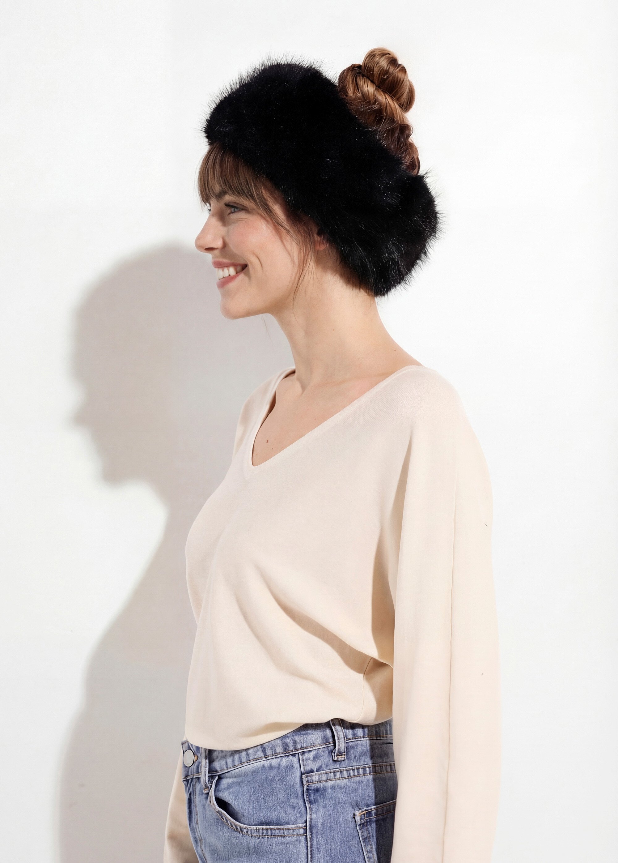 Bandeau headband chic en fourrure Femme Noir TD-FLBD2501 DE1