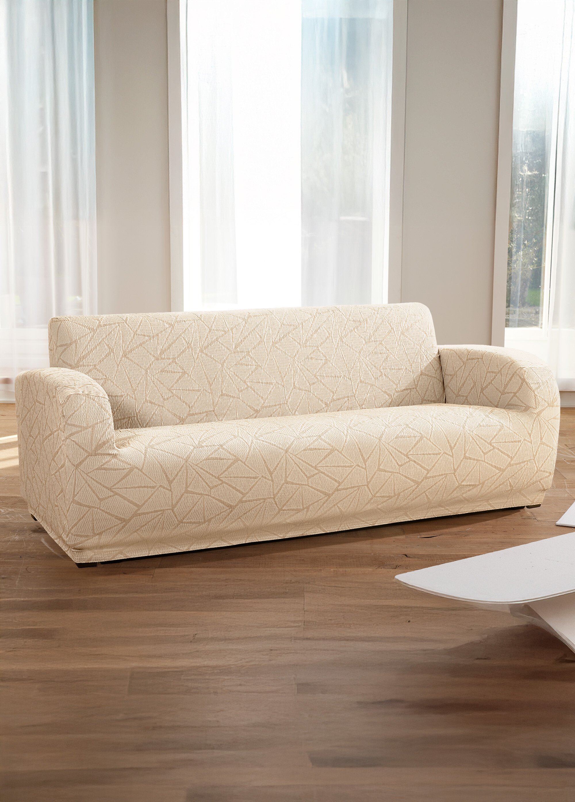 Housse extensible motif jacquard fauteuil et canapé Beige RUSTIC SI1