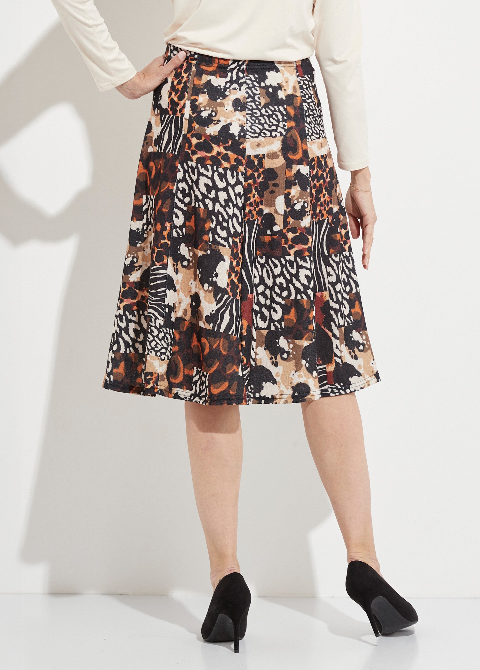 Jupe évasée mi longue motif animalier maille chaude Femme Orange LAURA DO1