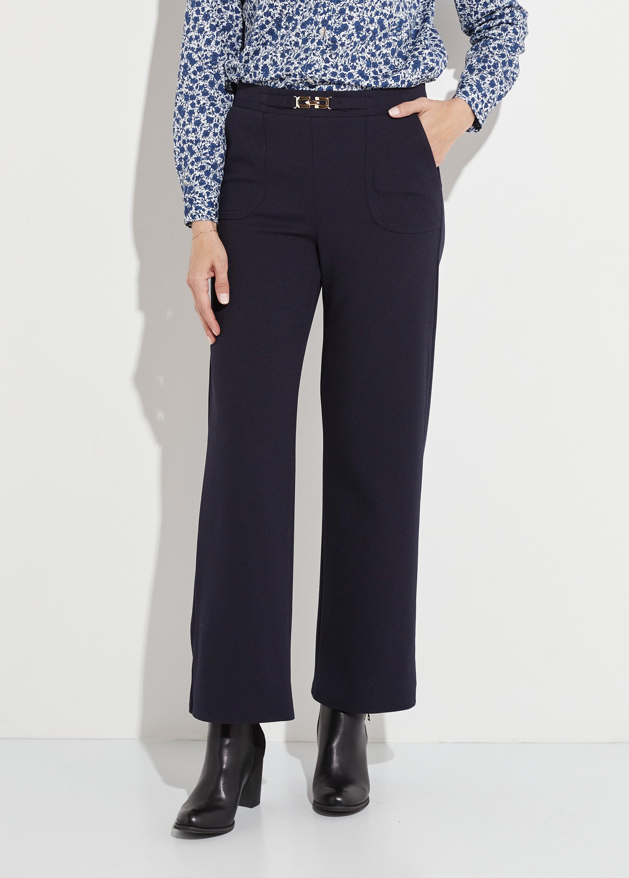 Pantalon droit taille élastiquée ceinture bijou Femme Bleu NOUBIA FA1