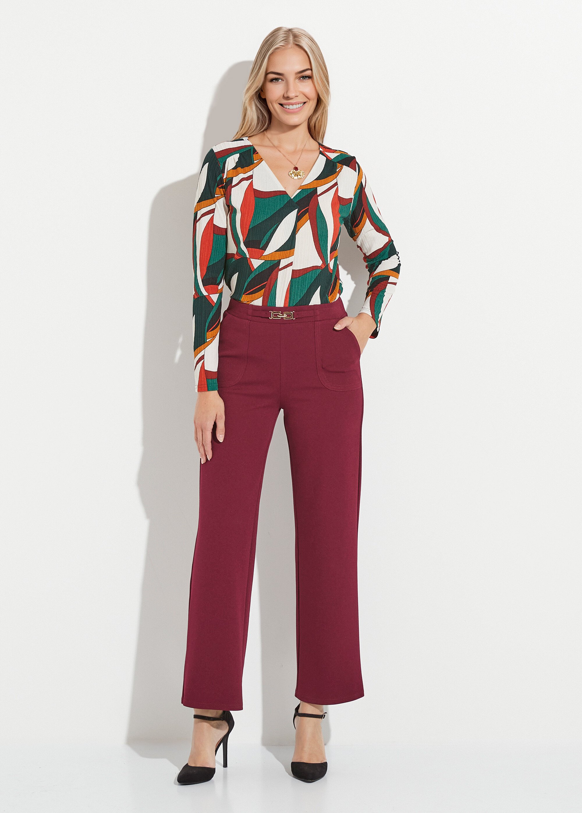 Pantalon droit taille élastiquée ceinture bijou Femme Rouge NOUBIA SF1