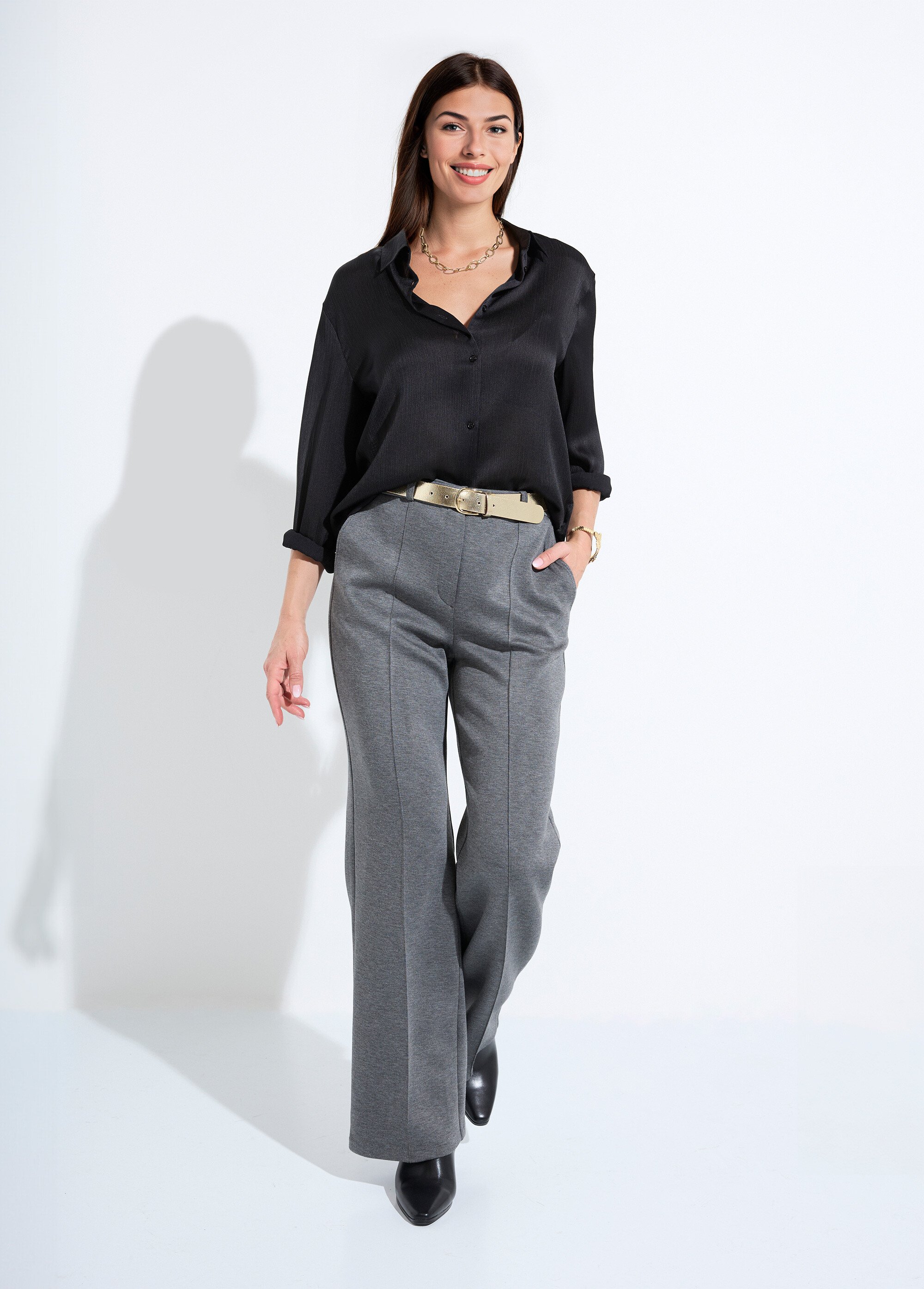 Pantalon structuré de ville maille milano unie Femme GRIS ANTHRACITE NOCTURNE MV1