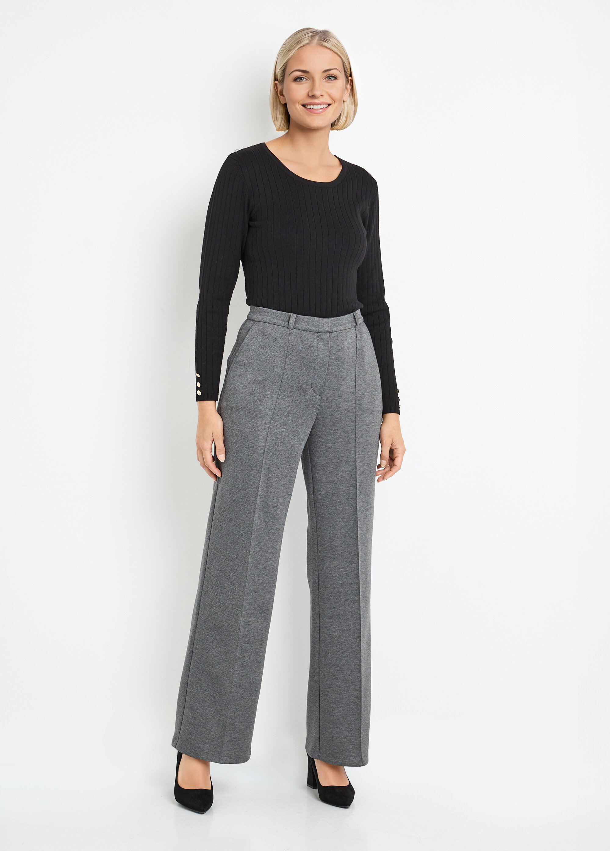 Pantalon structuré de ville maille milano unie Femme GRIS ANTHRACITE NOCTURNE SF1