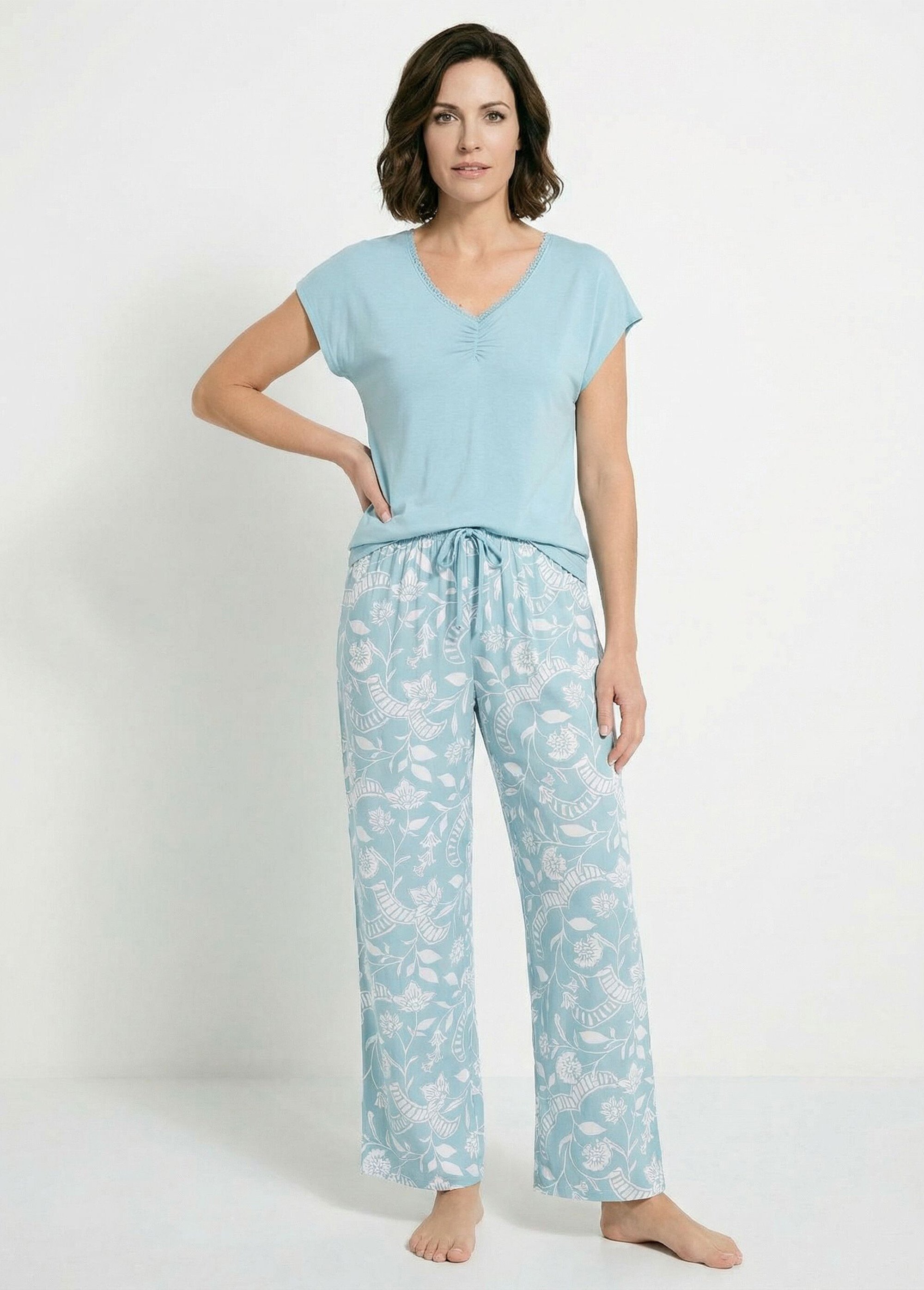 Pyjama manches courtes haut uni bas imprimé Femme Vert SACHA FA1