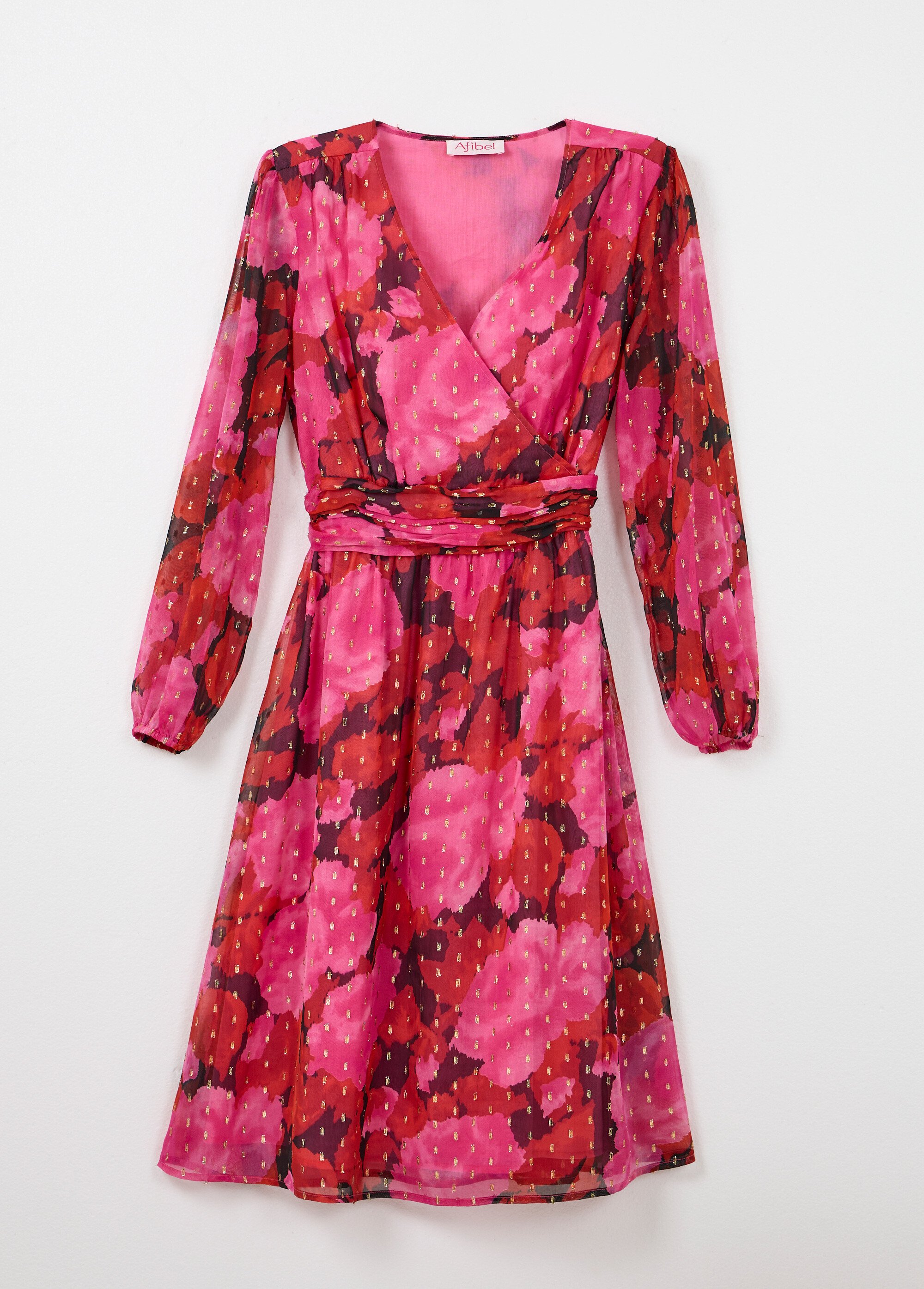 Robe cache-coeur courte voile imprimé motifs dorés Femme Rouge HELENA AP1