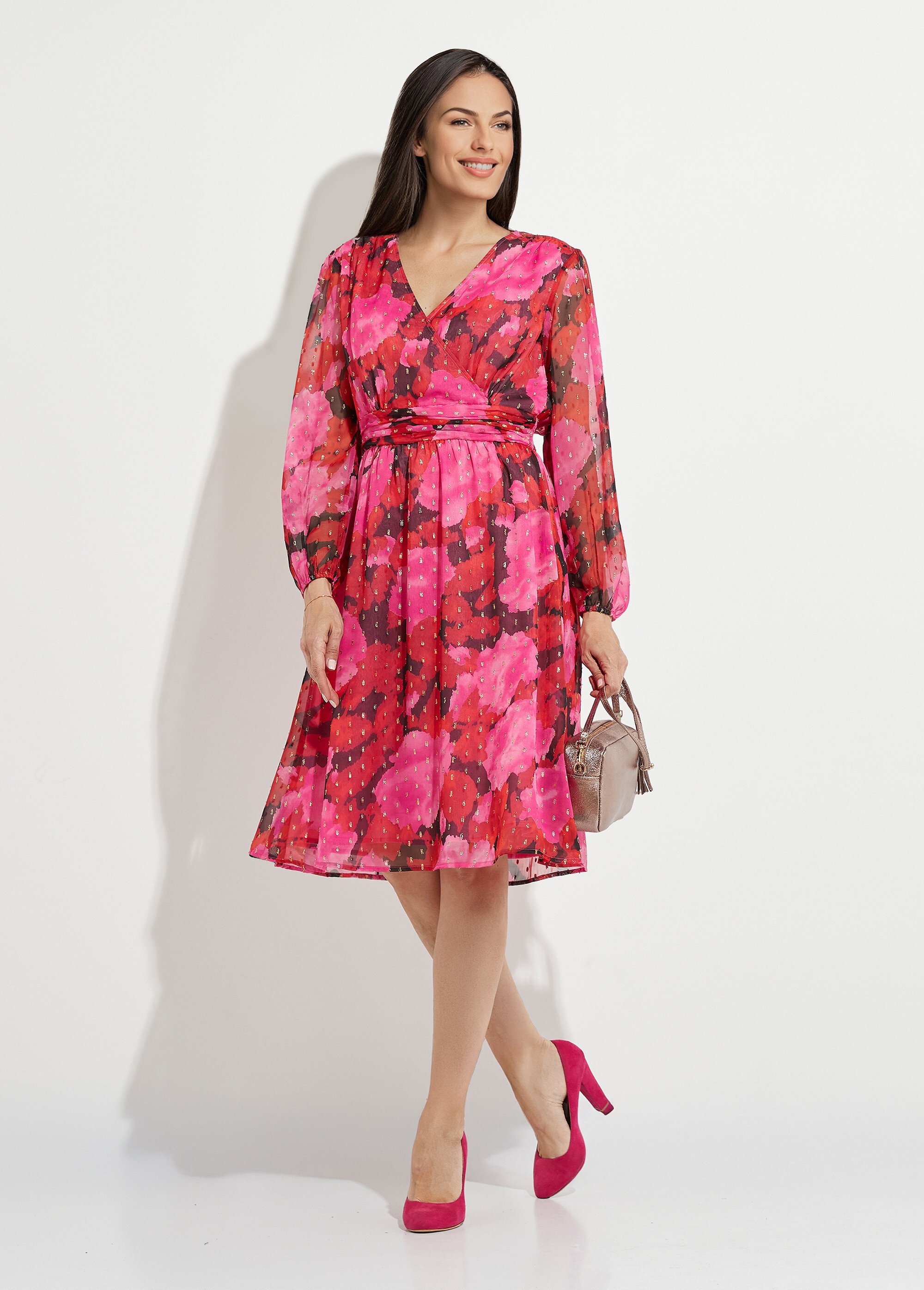 Robe cache-coeur courte voile imprimé motifs dorés Femme Rouge HELENA FA1