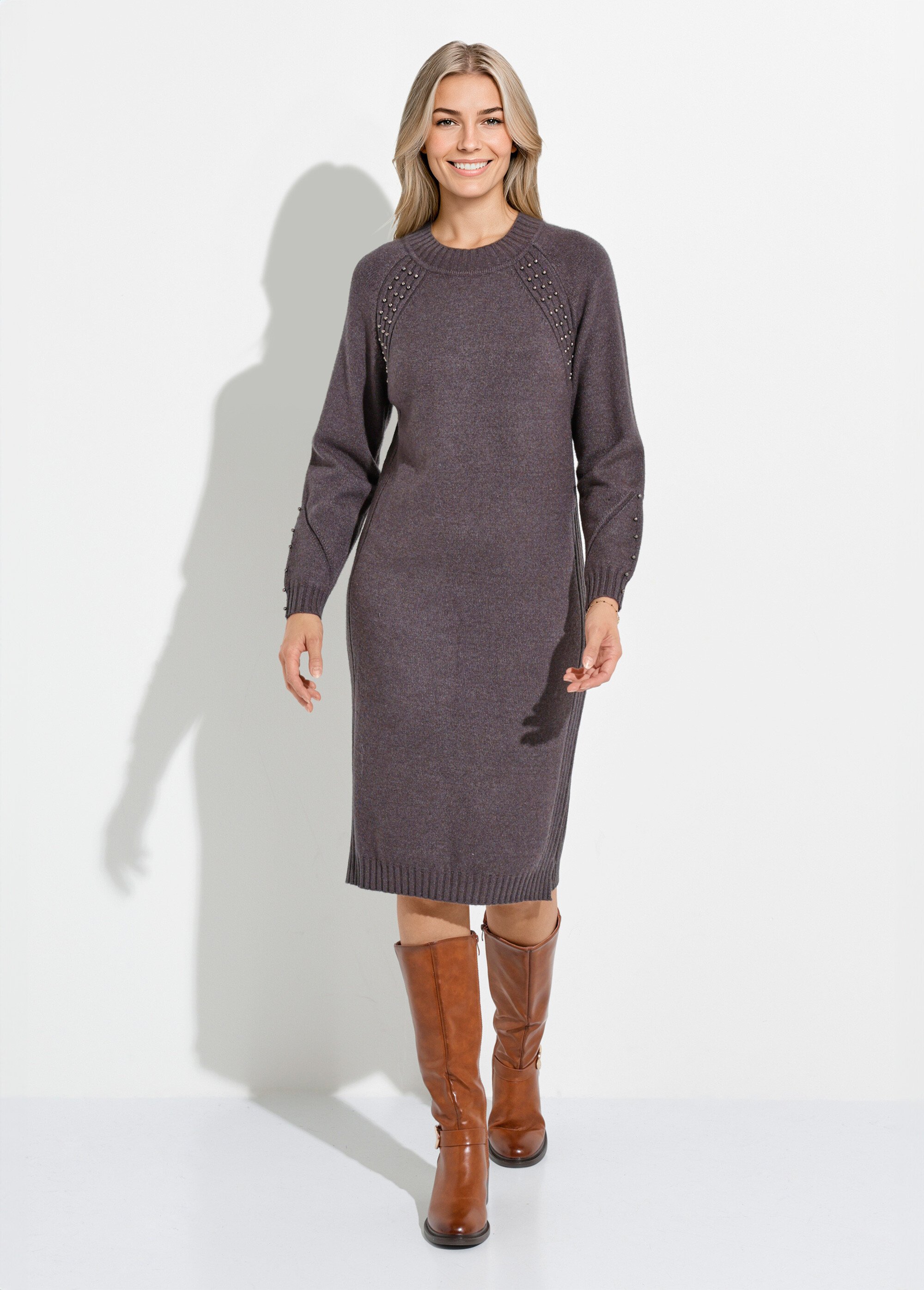 Robe-pull col montant détails côtelés perlés Femme GRIS ANTHRACITE HORTENSE FA1