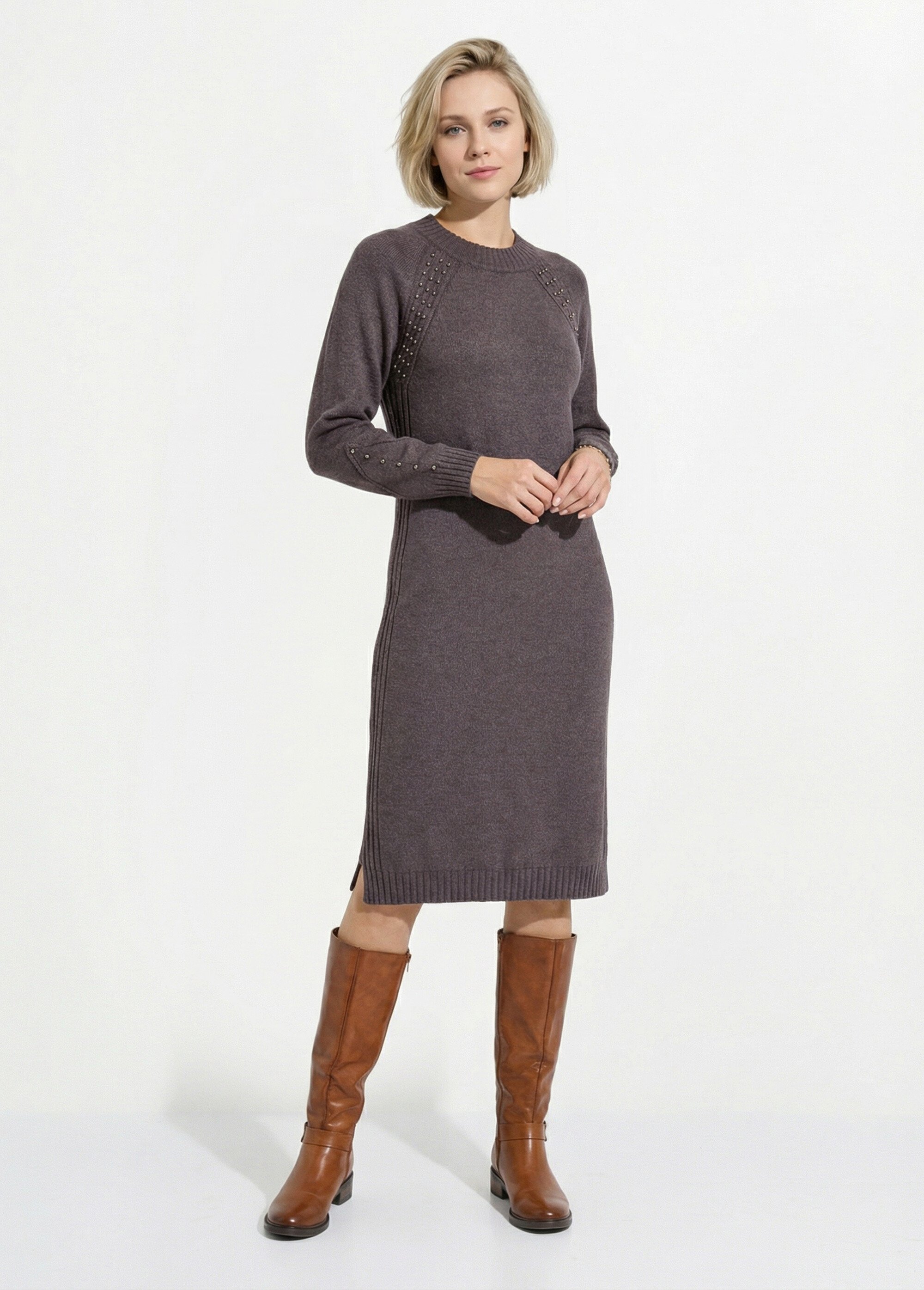 Robe-pull col montant détails côtelés perlés Femme GRIS ANTHRACITE HORTENSE FA1