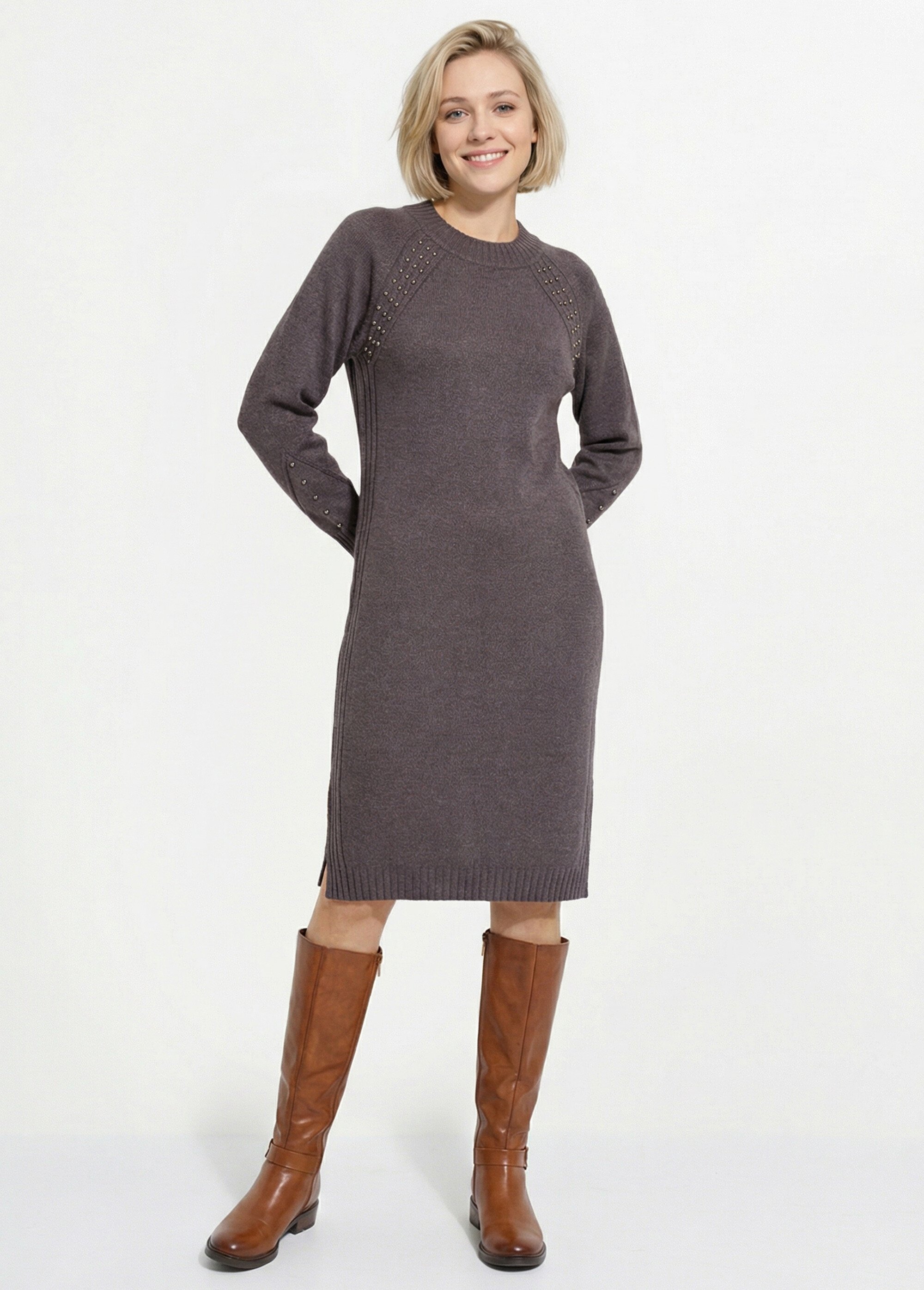 Robe-pull col montant détails côtelés perlés