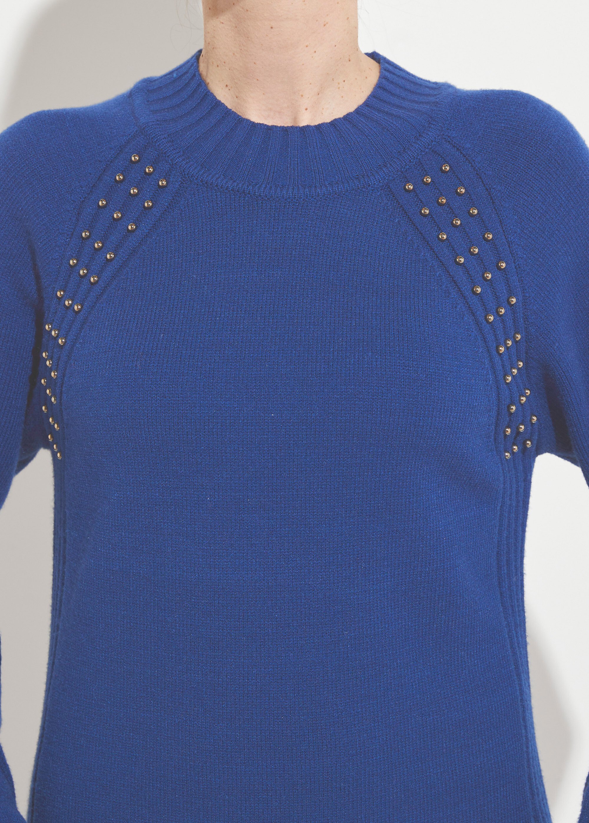 Robe-pull col montant détails côtelés perlés Femme Bleu HORTENSE DE1