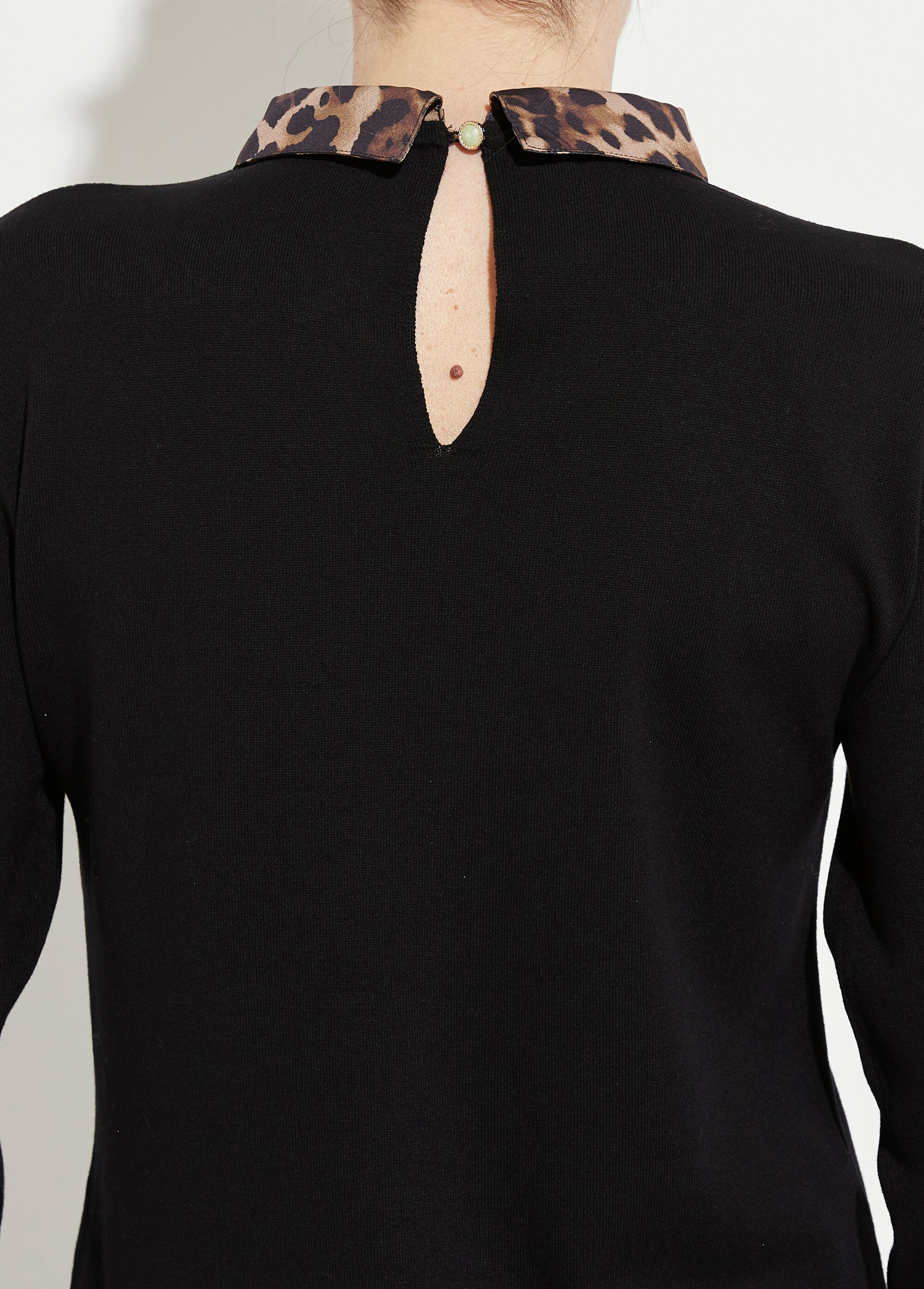 Robe-pull noire effet 2 en 1 voile imprimé léopard Femme Noir HANAE DE2