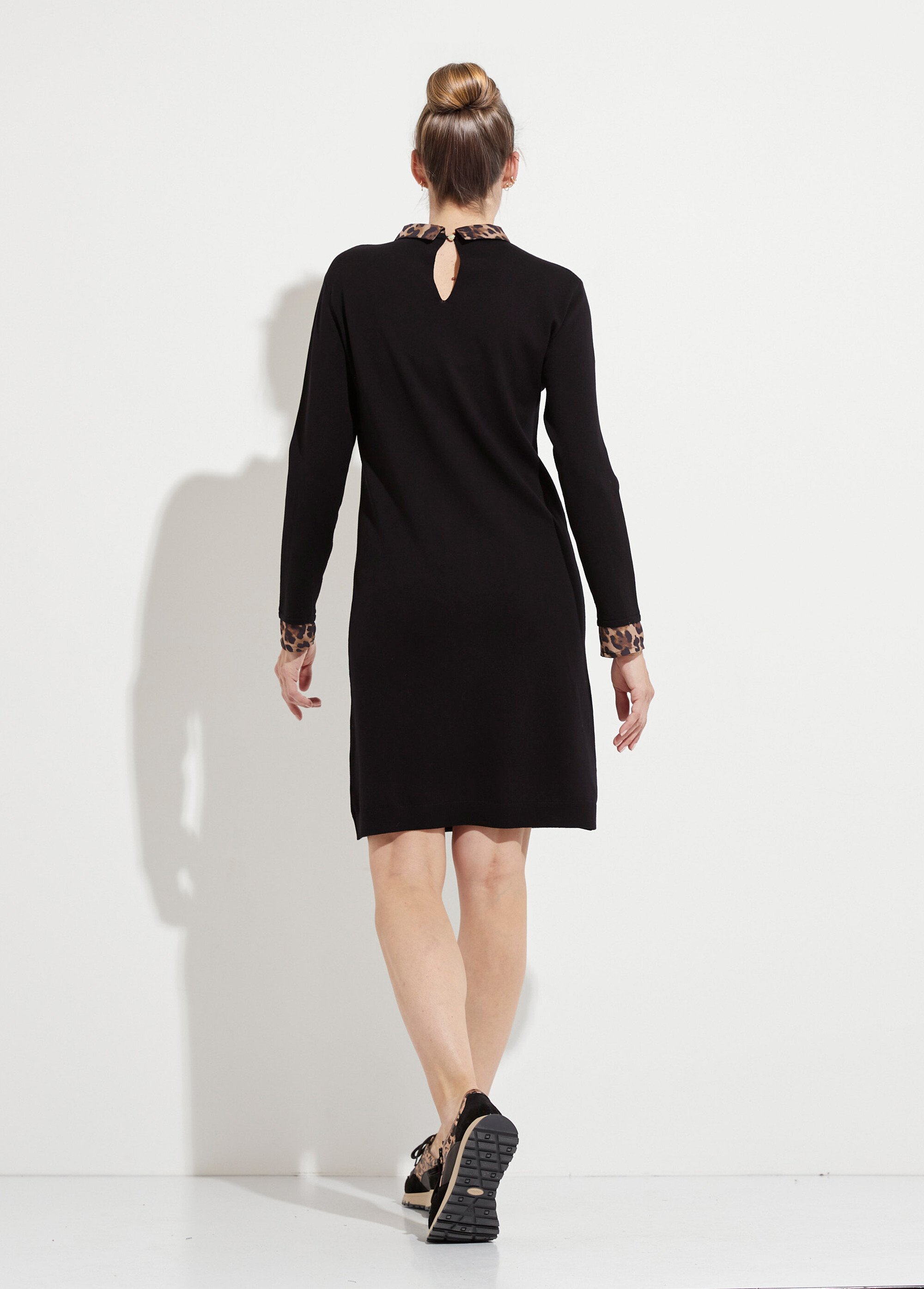 Robe-pull noire effet 2 en 1 voile imprimé léopard Femme Noir HANAE DO1