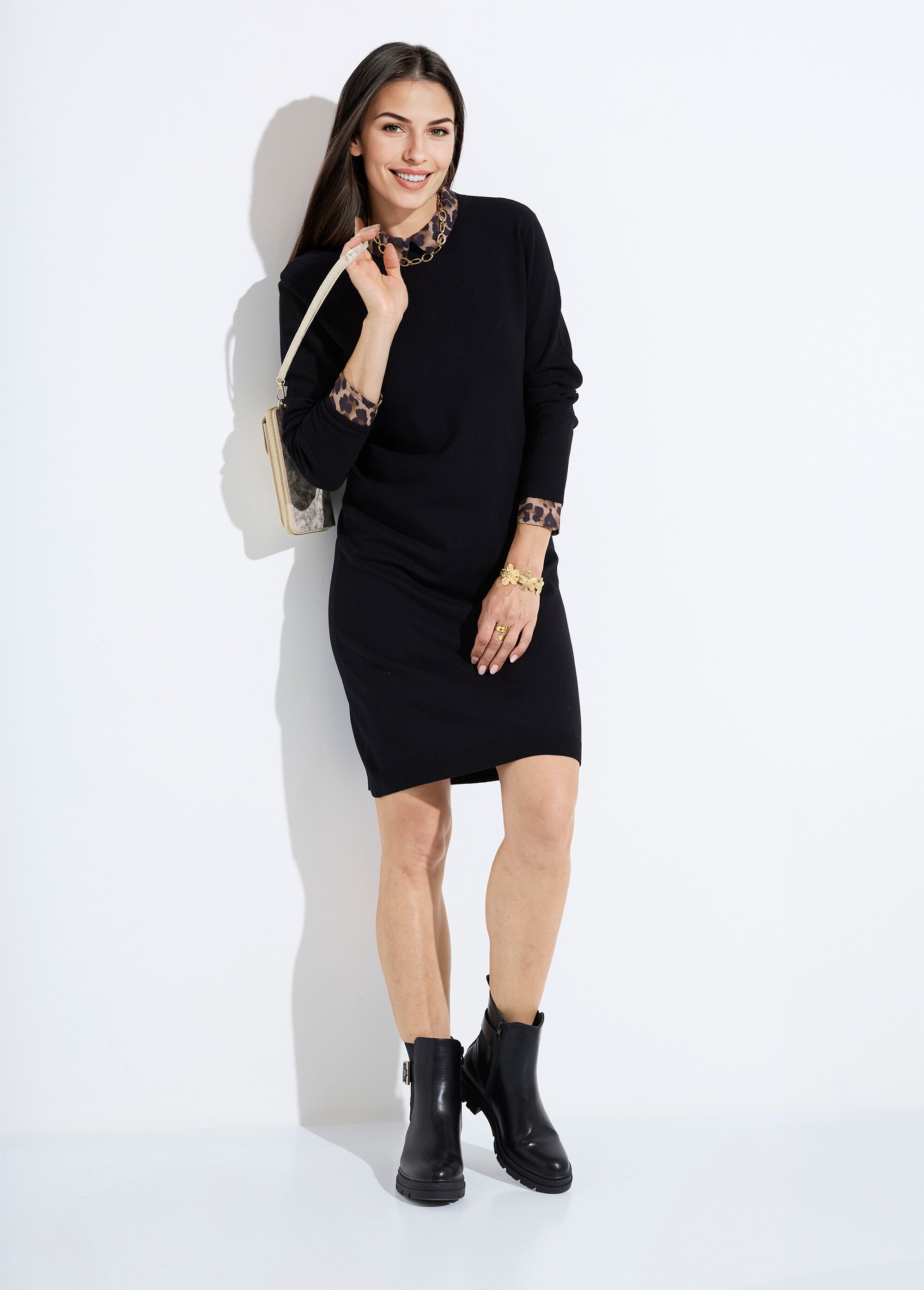 Robe-pull noire effet 2 en 1 voile imprimé léopard Femme Noir HANAE MV1