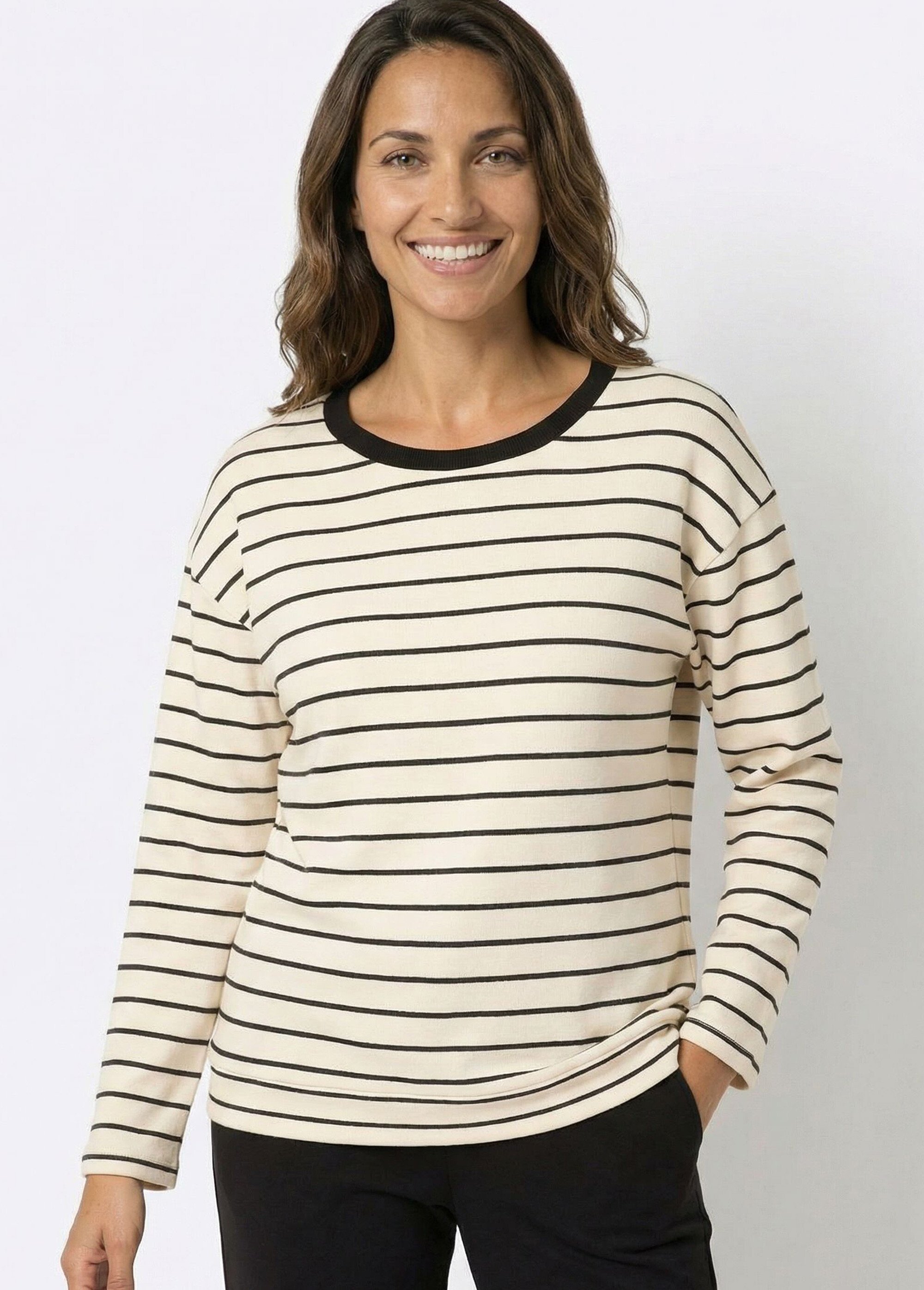 Sweat molleton rayé col rond coupe carrée ECRU ET NOIR MAVIX FA1