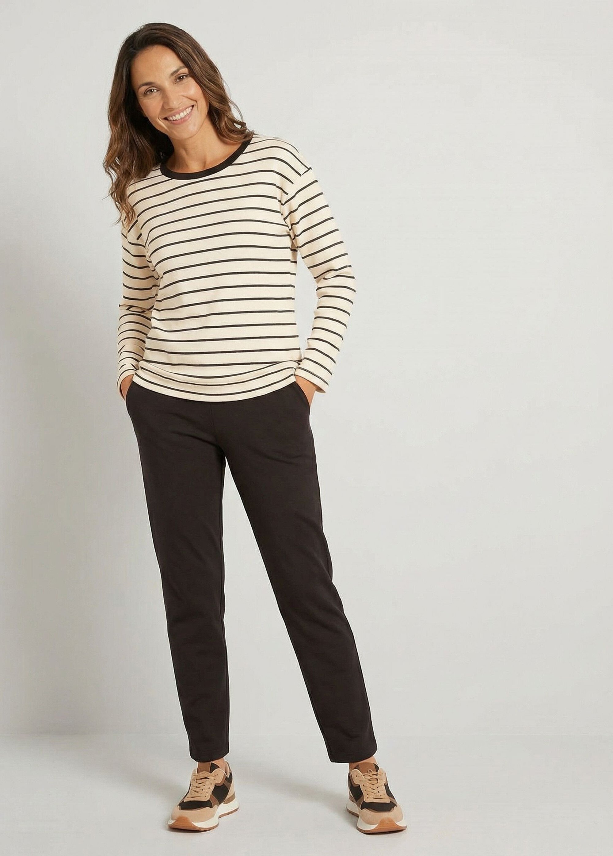 Sweat molleton rayé col rond coupe carrée ECRU ET NOIR MAVIX SF1