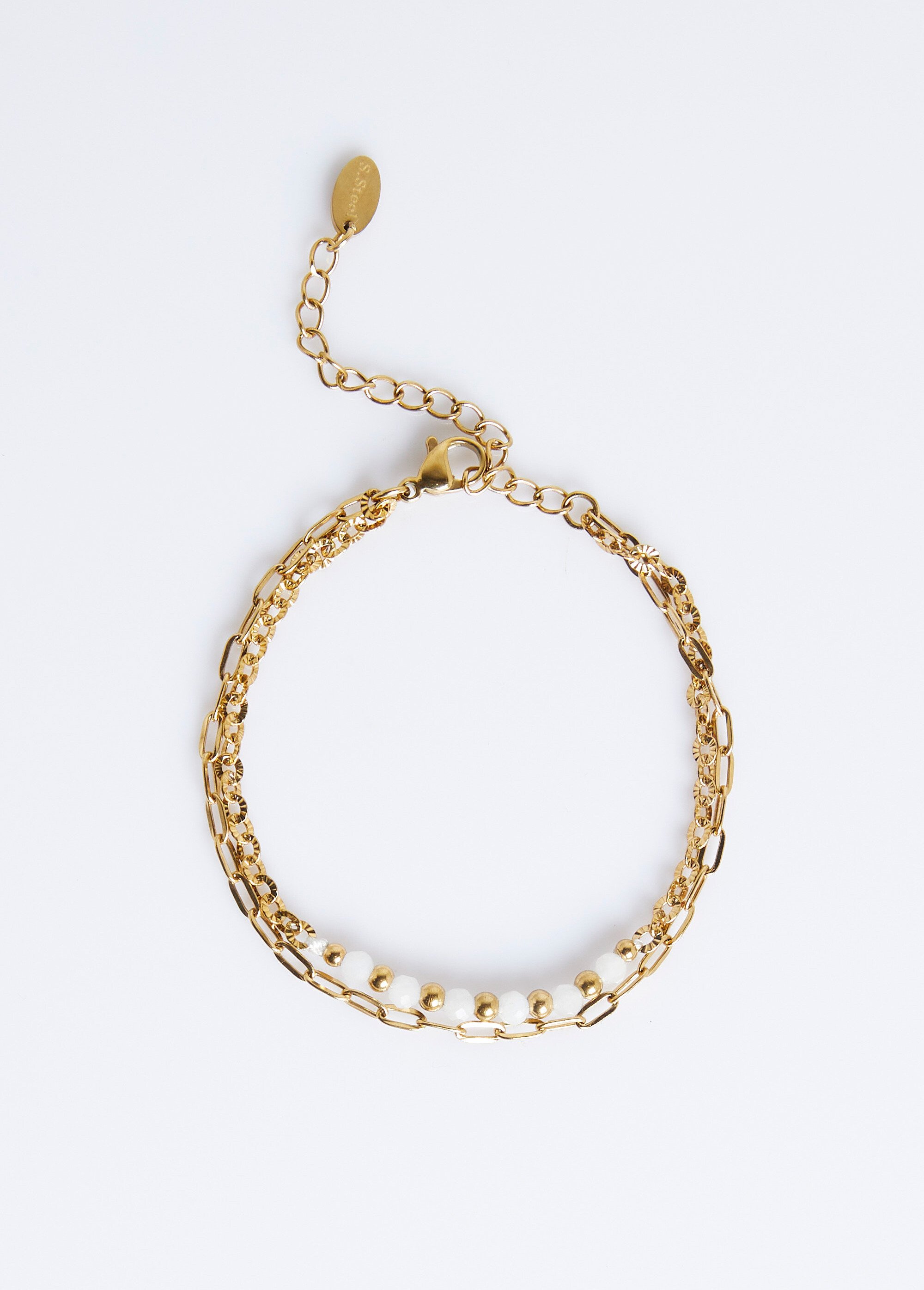 Bracelet double rang acier avec perles Blanc L03-40 DE1