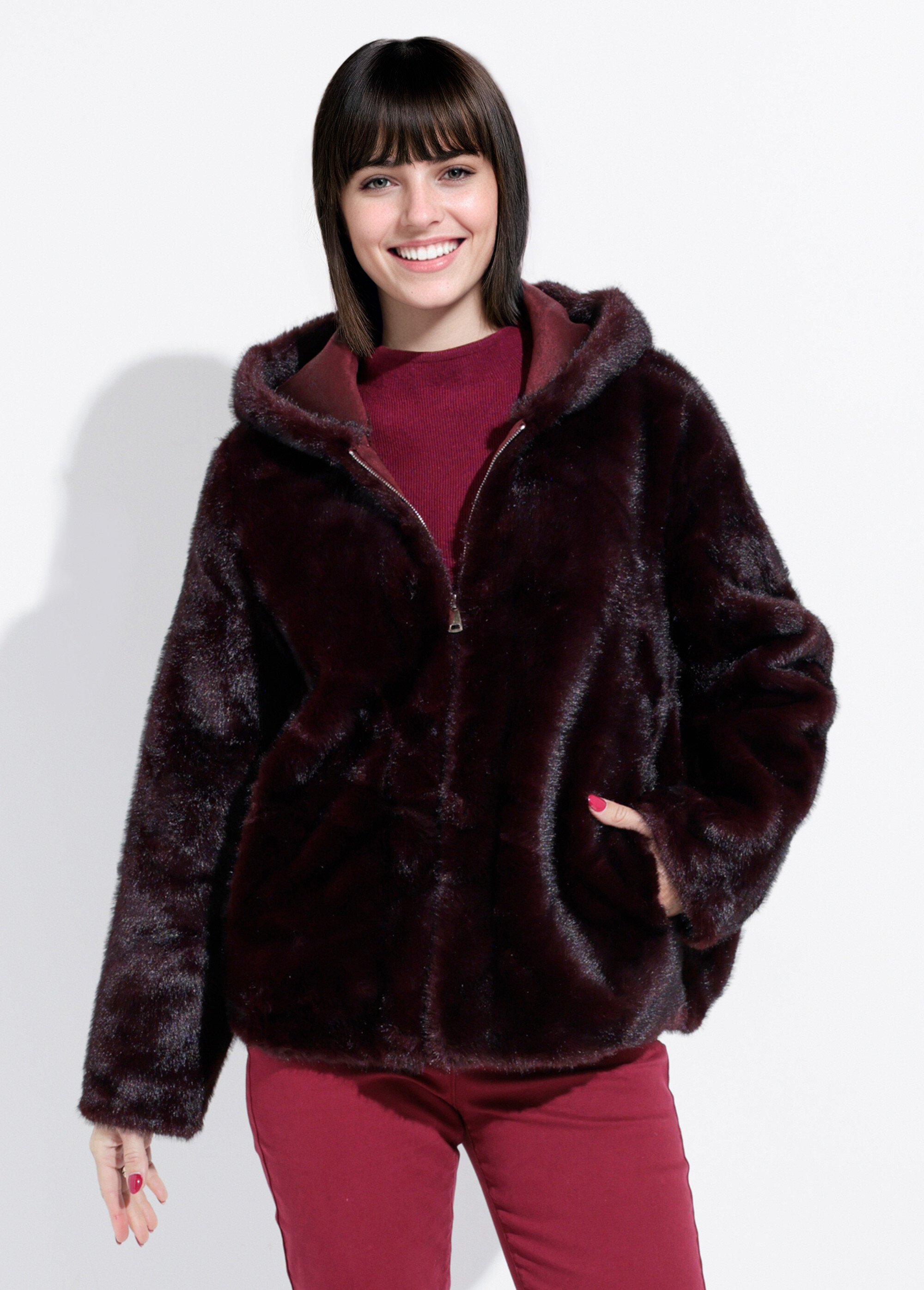 Blouson en fausse fourrure à capuche Femme Rouge IA-Z013 FA1