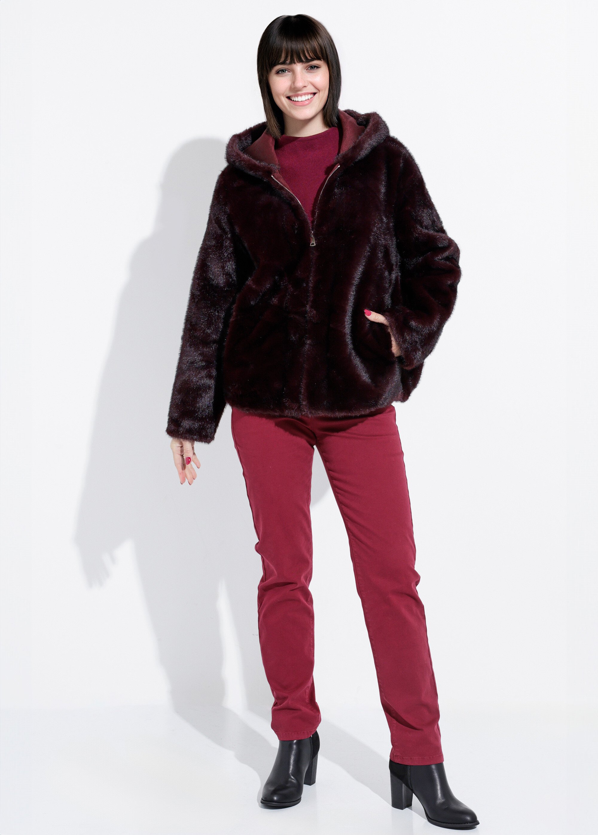 Blouson en fausse fourrure à capuche Femme Rouge IA-Z013 SF1