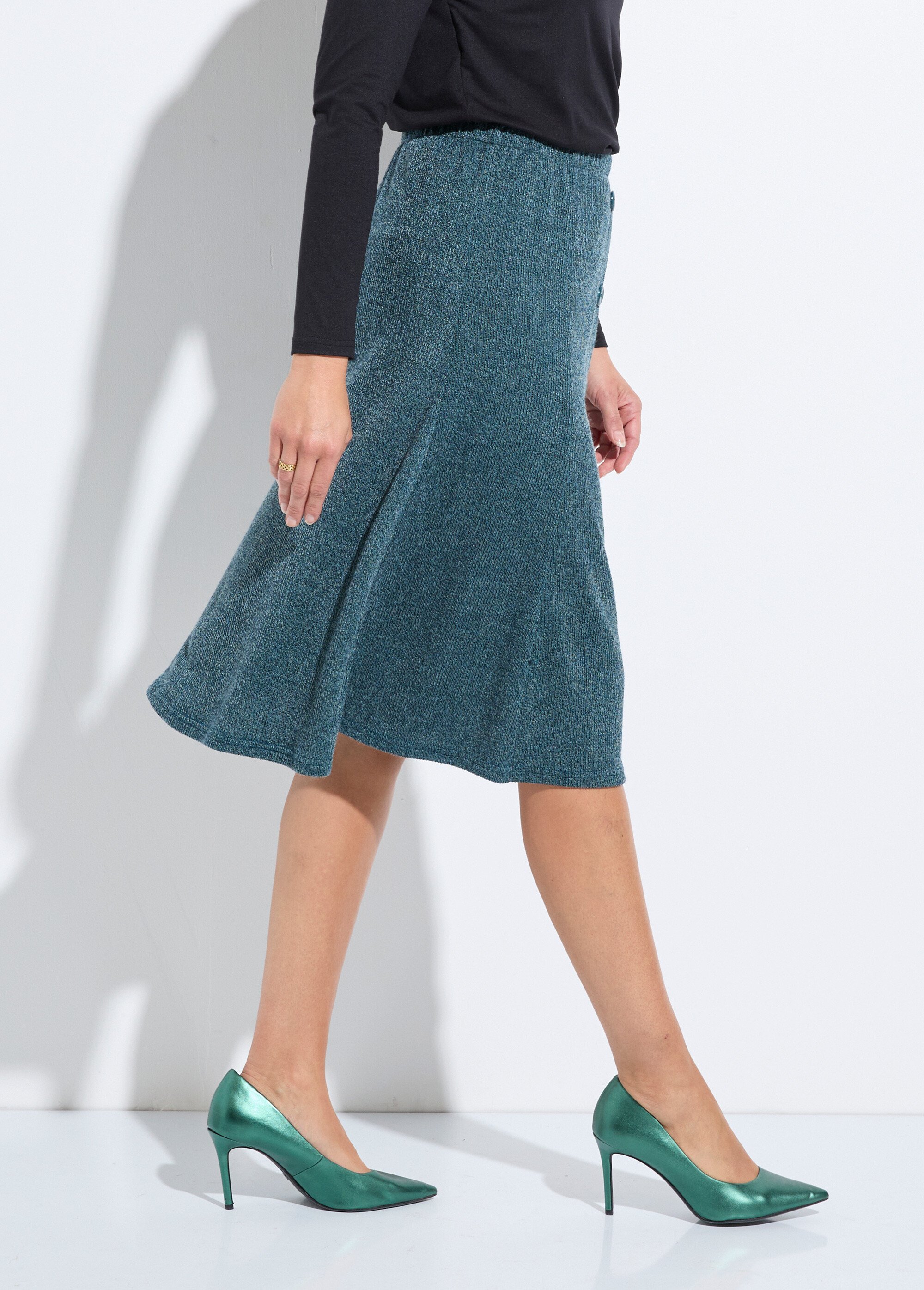 Jupe mi longue évasée maille chaude unie Femme Vert LEO DR1