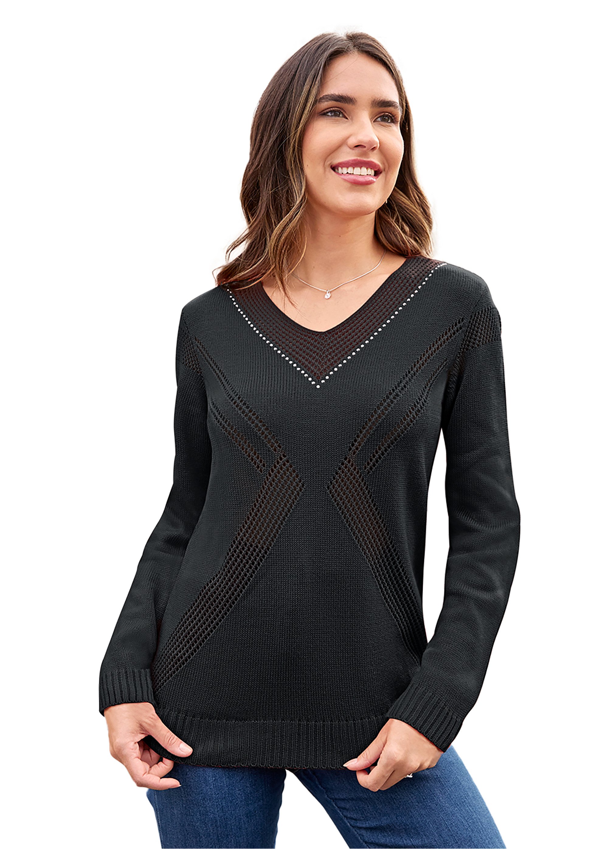 Pull bijou maille filet strass col V