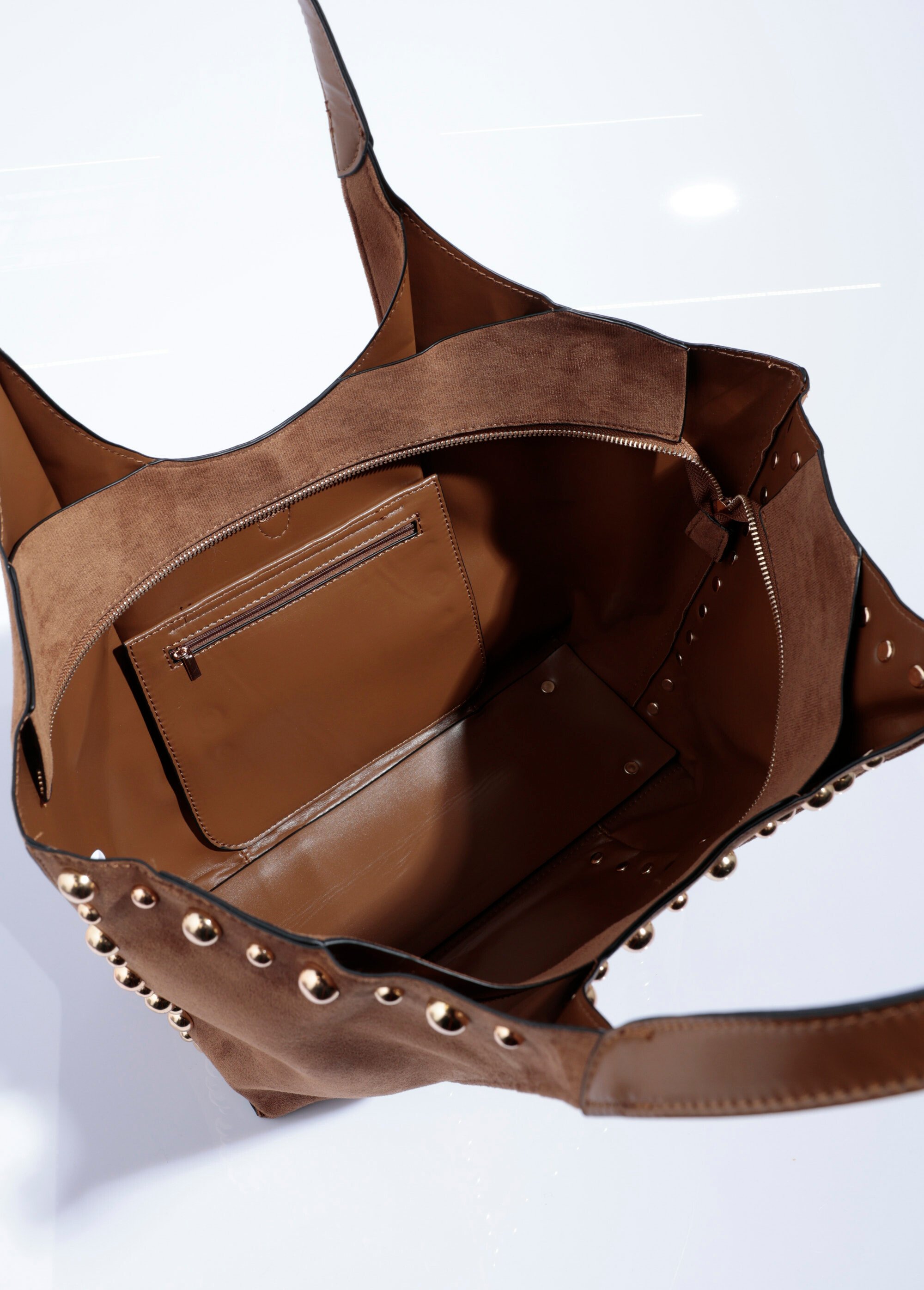 Sac cabas suédine et clous ronds métal Femme Marron MIM25608 DE1