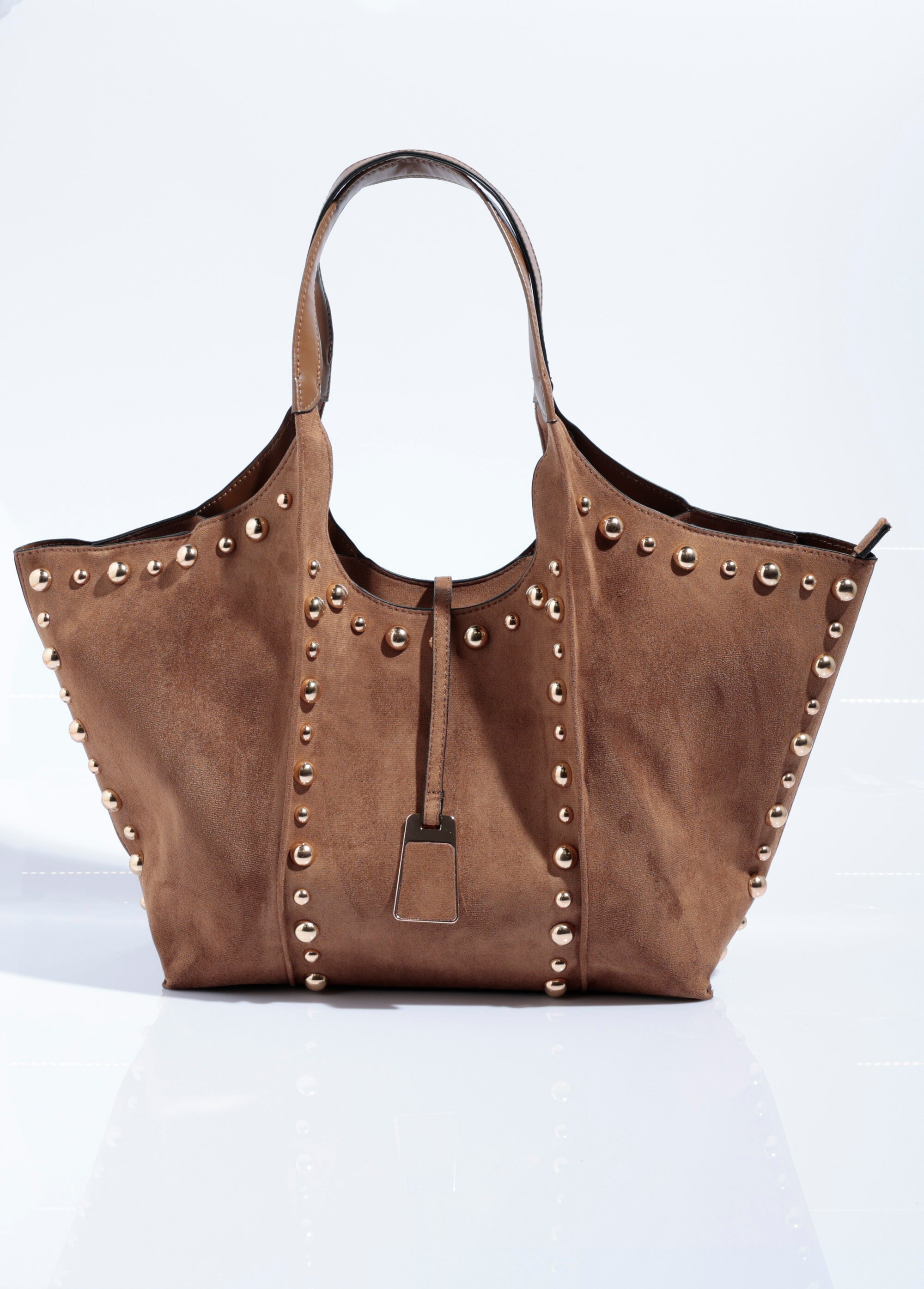 Sac cabas suédine et clous ronds métal Femme Marron MIM25608 FA1