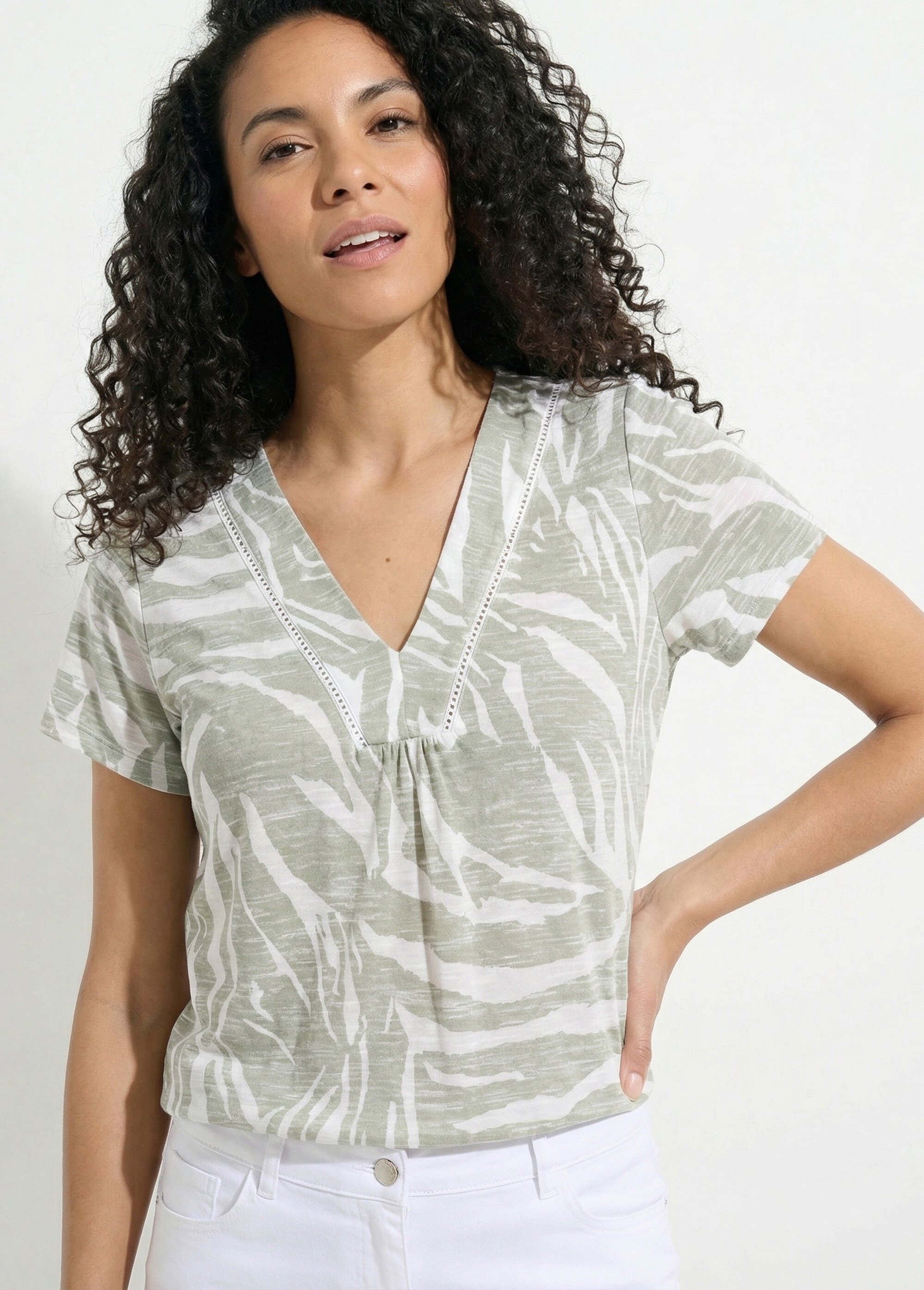 T-shirt col V imprimé manches courtes. Femme Vert COVAL MV1