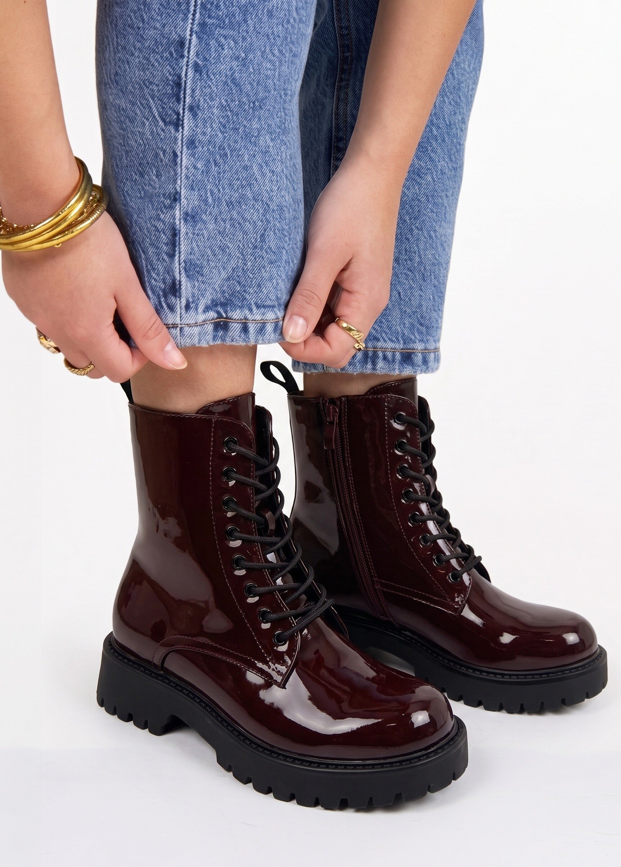 Bottines vernies style Combat boots Femme Rouge LBS-DMLM7066 SI1
