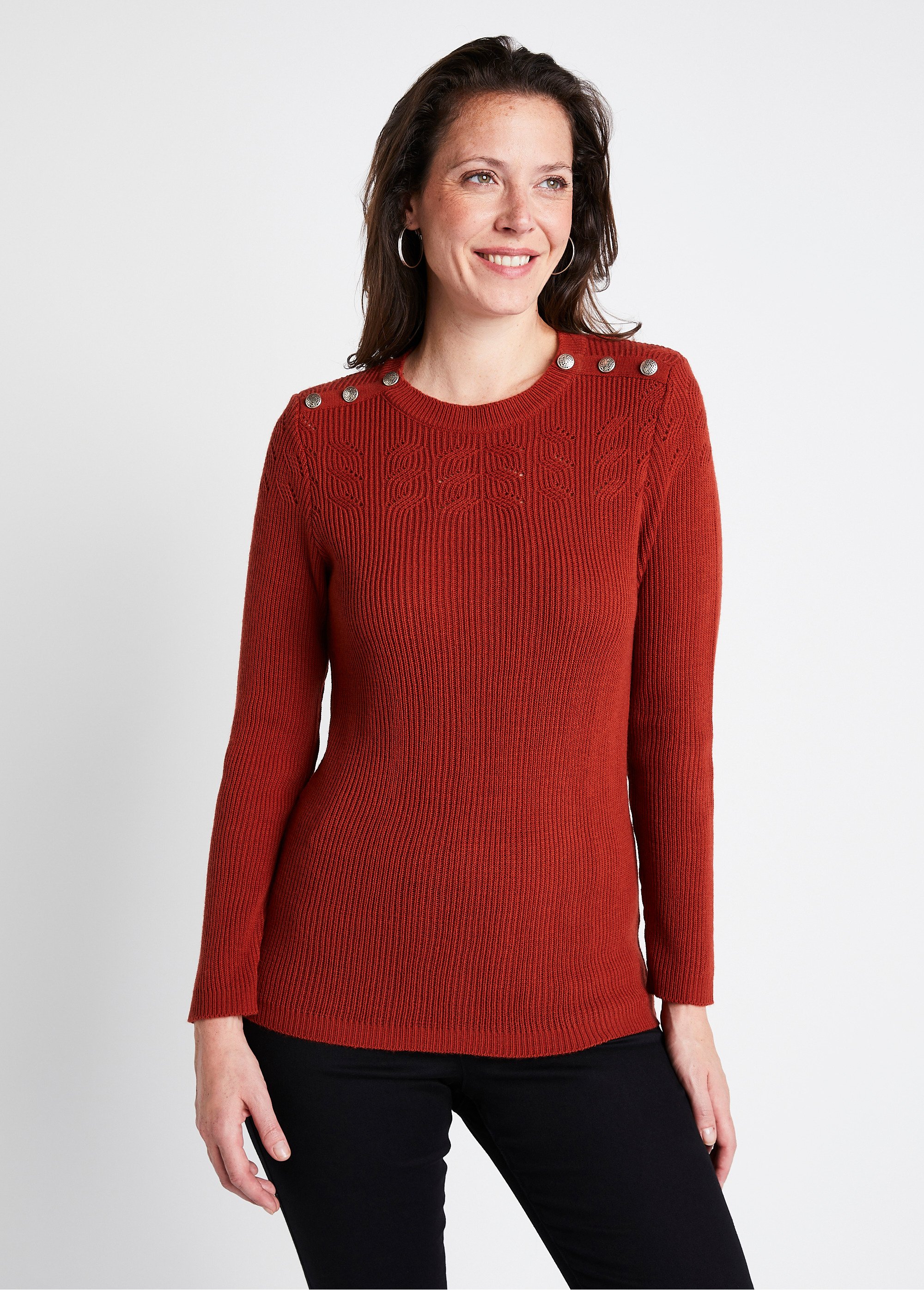 Pull ajouré maille côtelée col rond Femme Orange POYANNE FA2