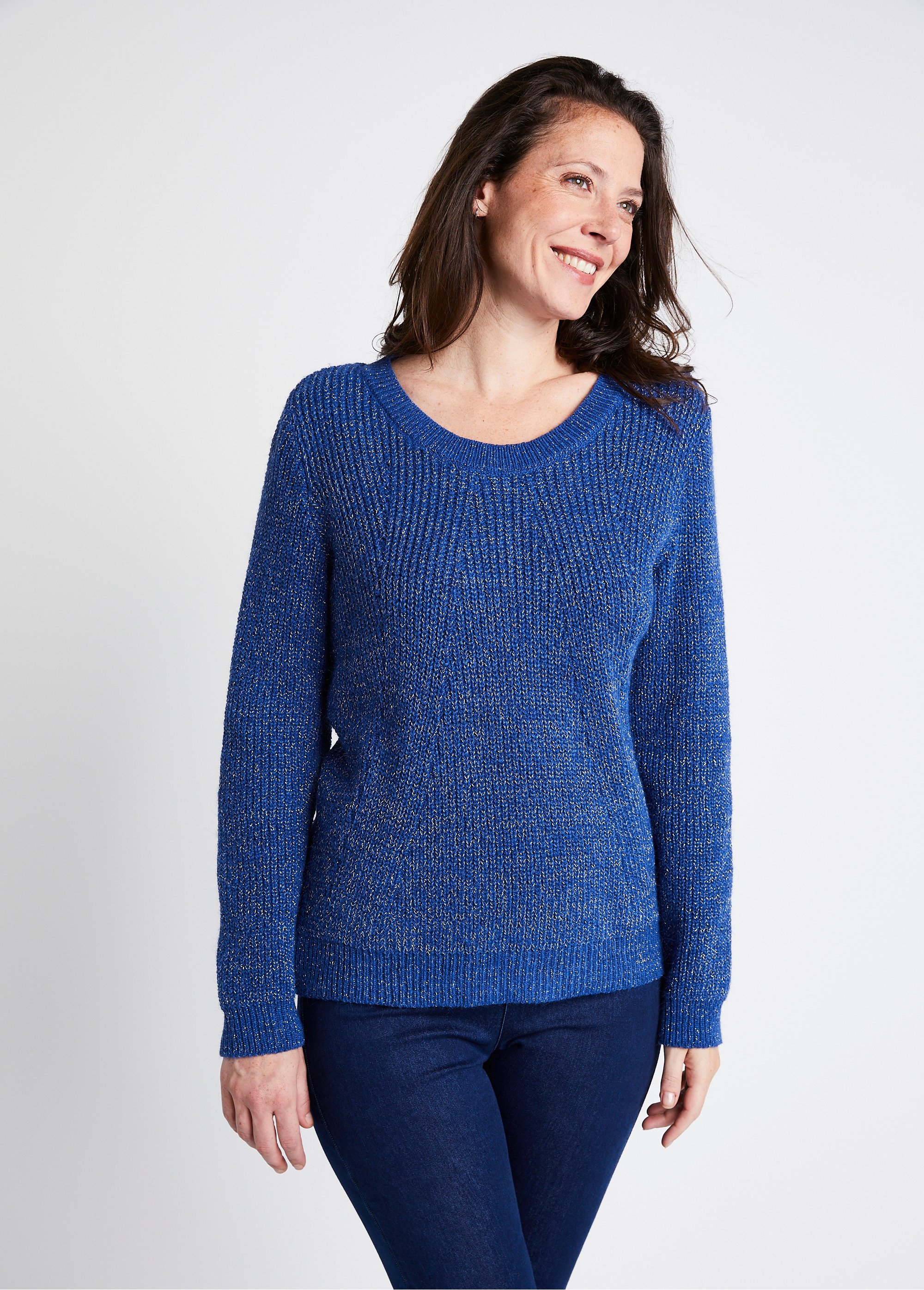 Pull col rond maille perlée avec laine