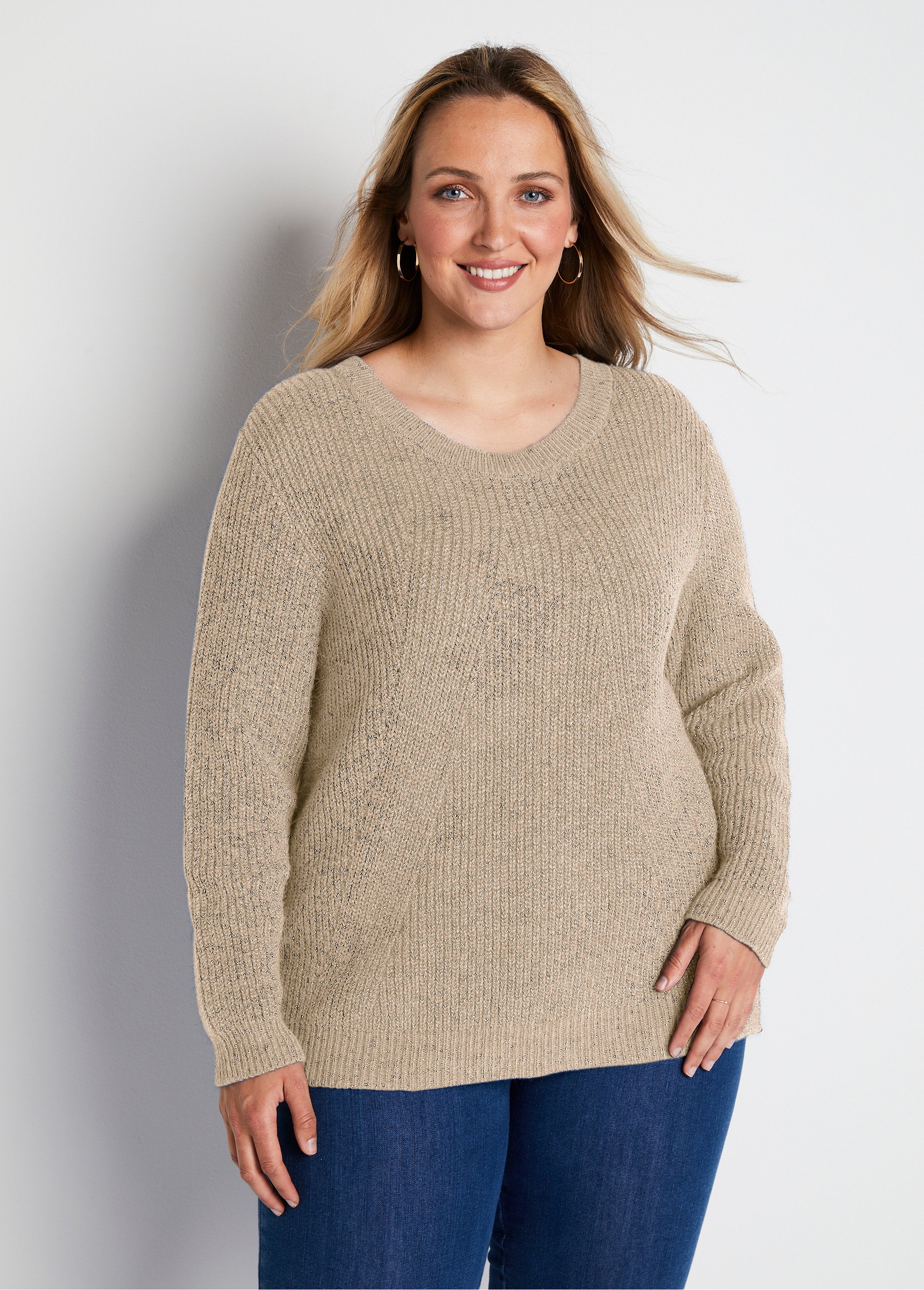 Pull col rond maille perlée avec laine
