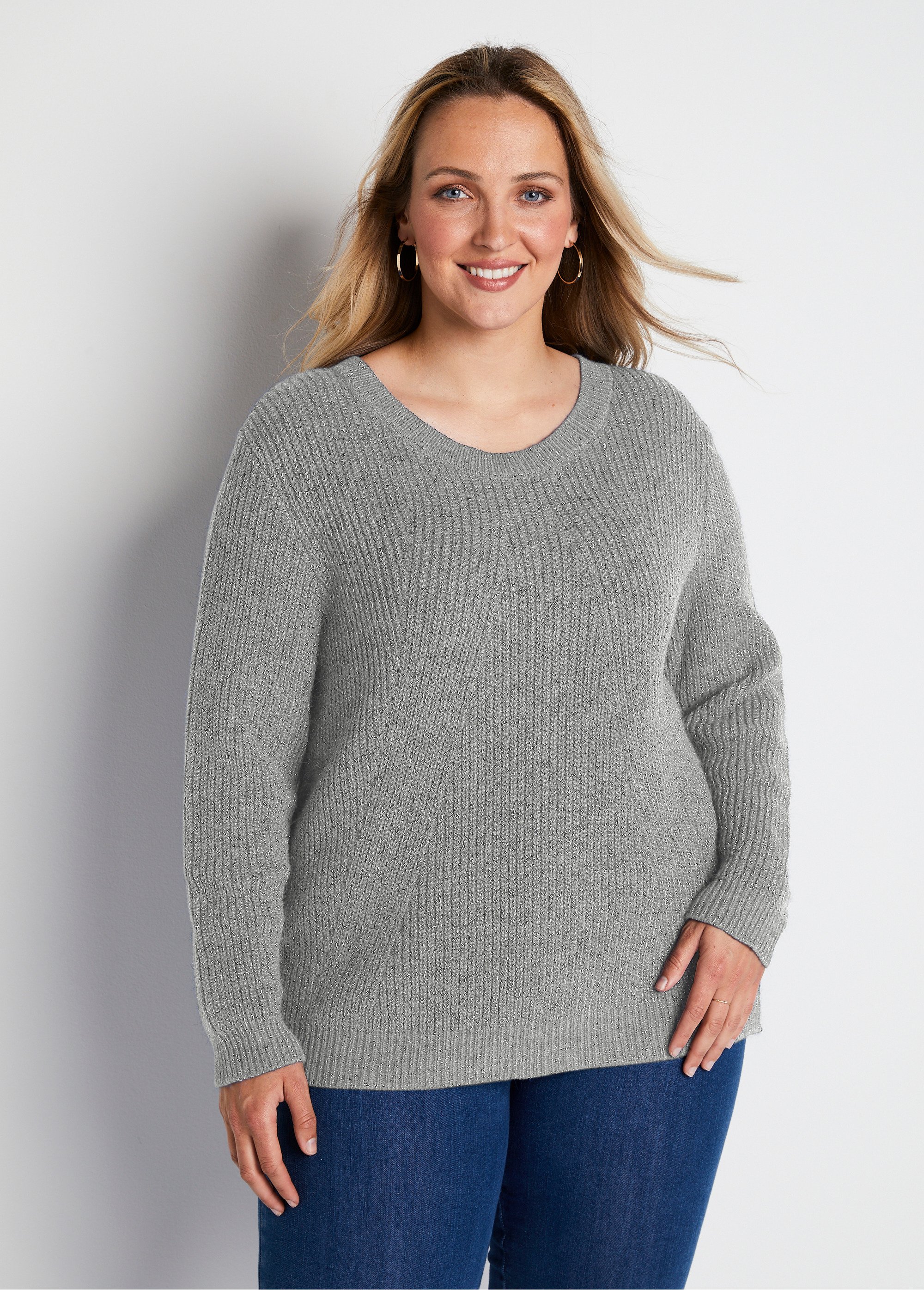 Pull col rond maille perlée avec laine