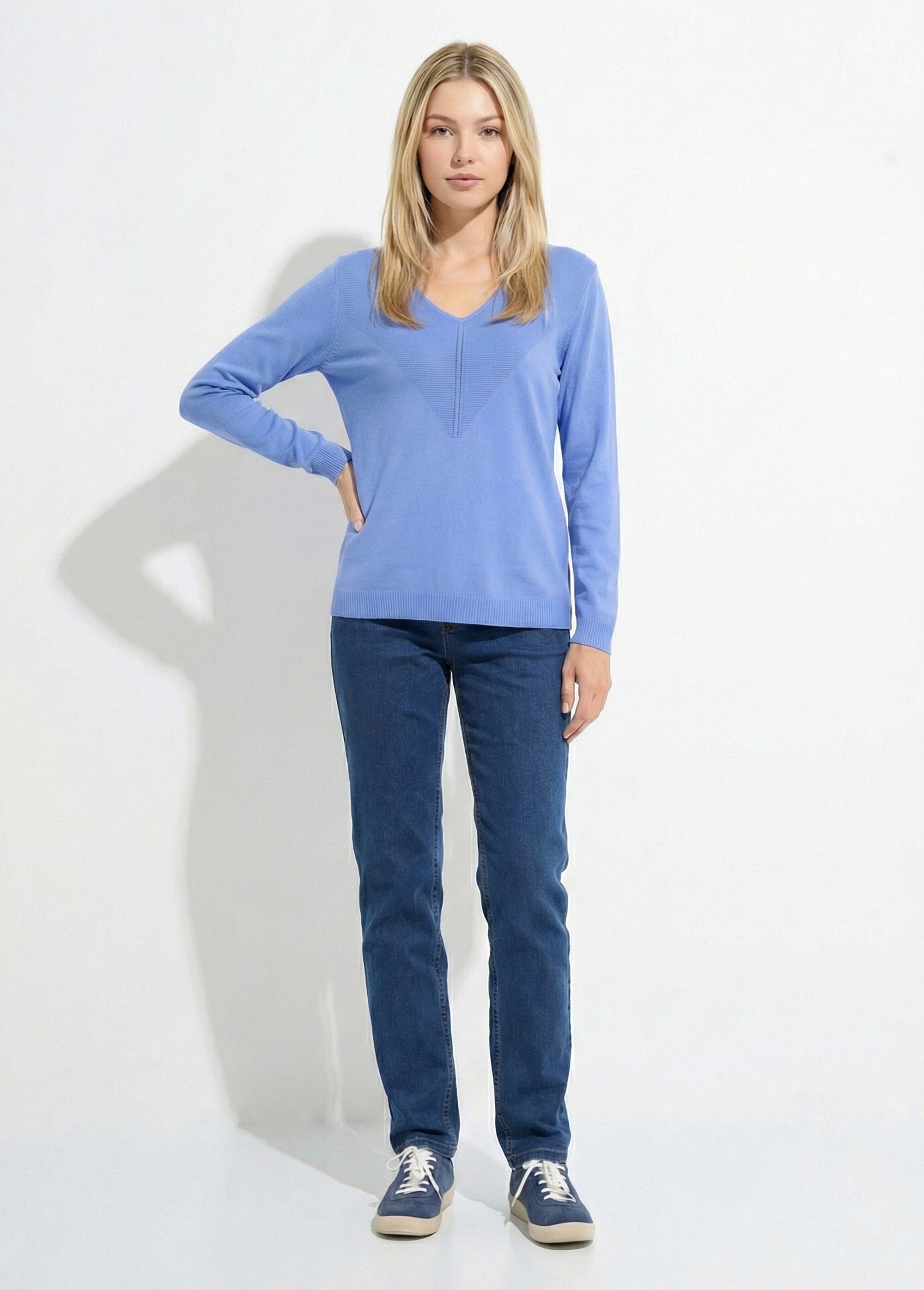 Pull fin col V manches longues Femme Bleu MELIA SF1