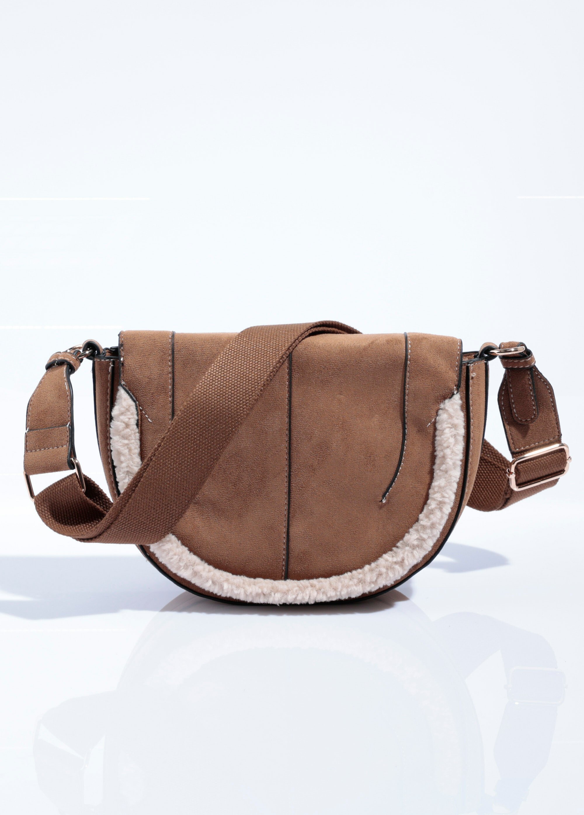 Sac à main demi lune suédine et fourrure Femme Beige MIM25611 FA1