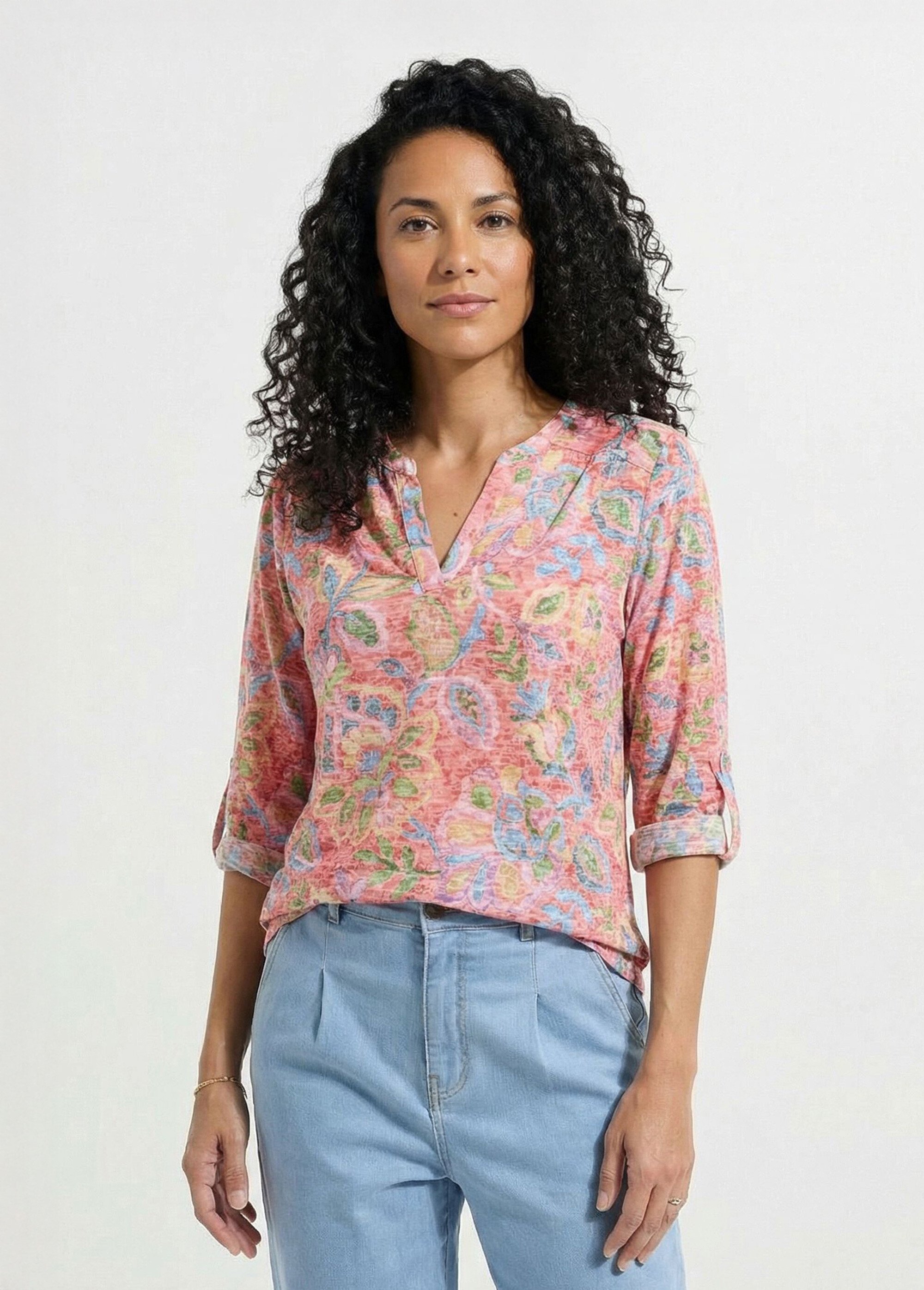 T-shirt ample col V manches 3/4 retroussables Femme IMPRIME CORAIL COBIN FA1
