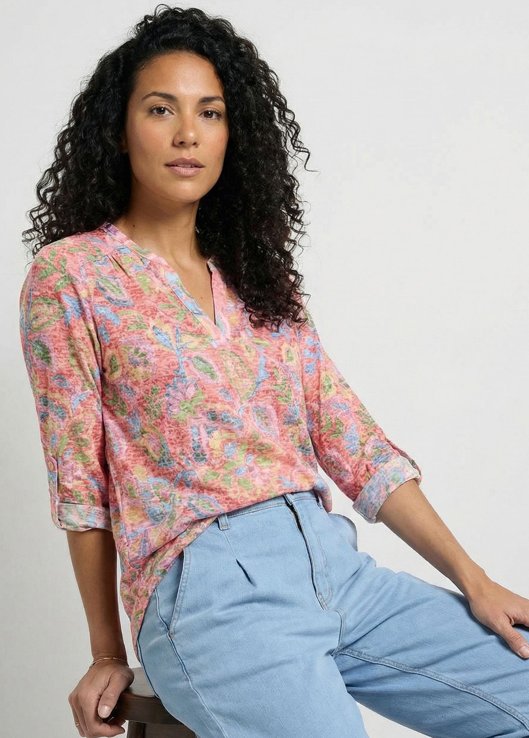 T-shirt ample col V manches 3/4 retroussables Femme IMPRIME CORAIL COBIN MV1