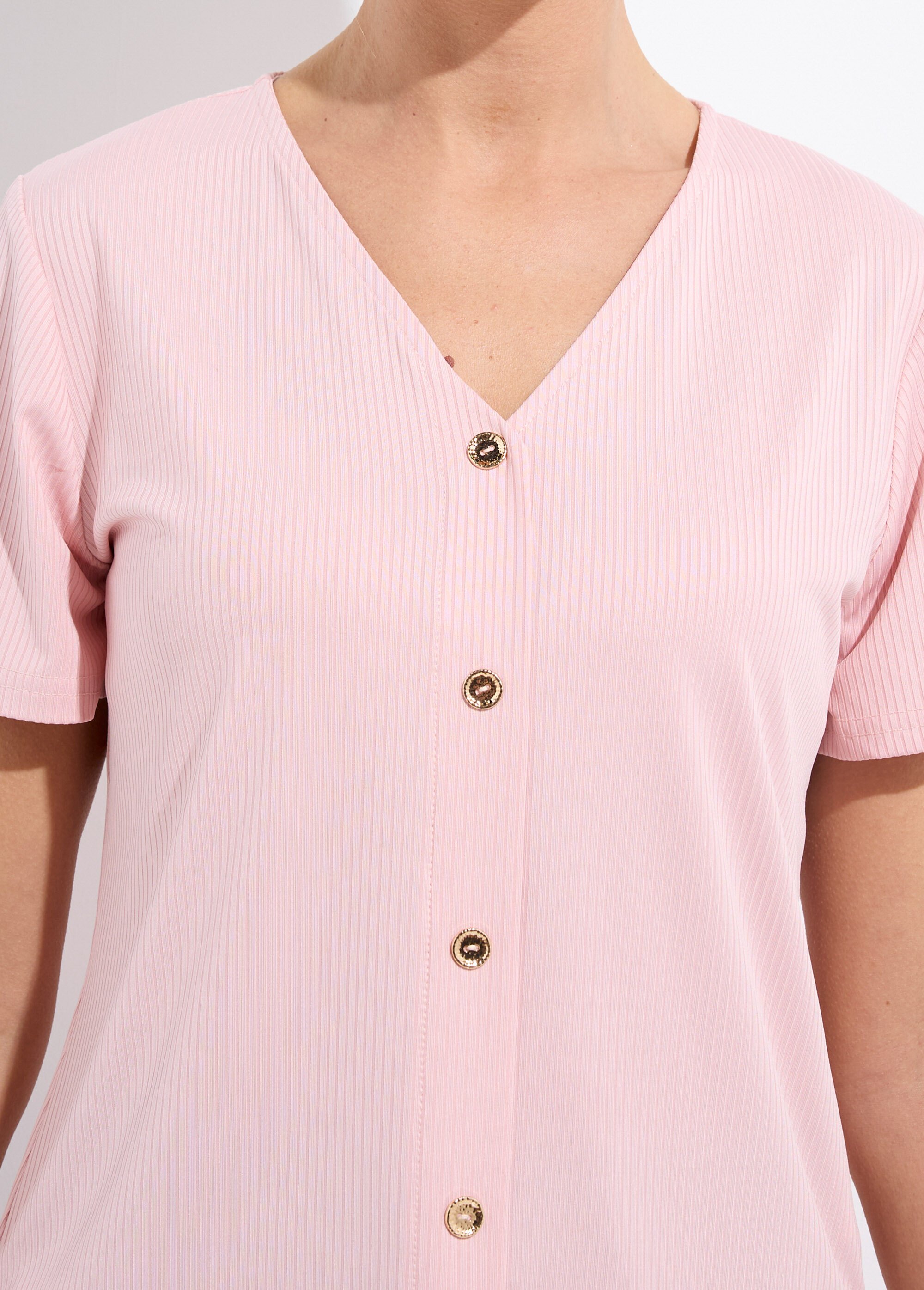 T-shirt col V maille côtelée boutons dorés Femme Rose CALANTIA DE1