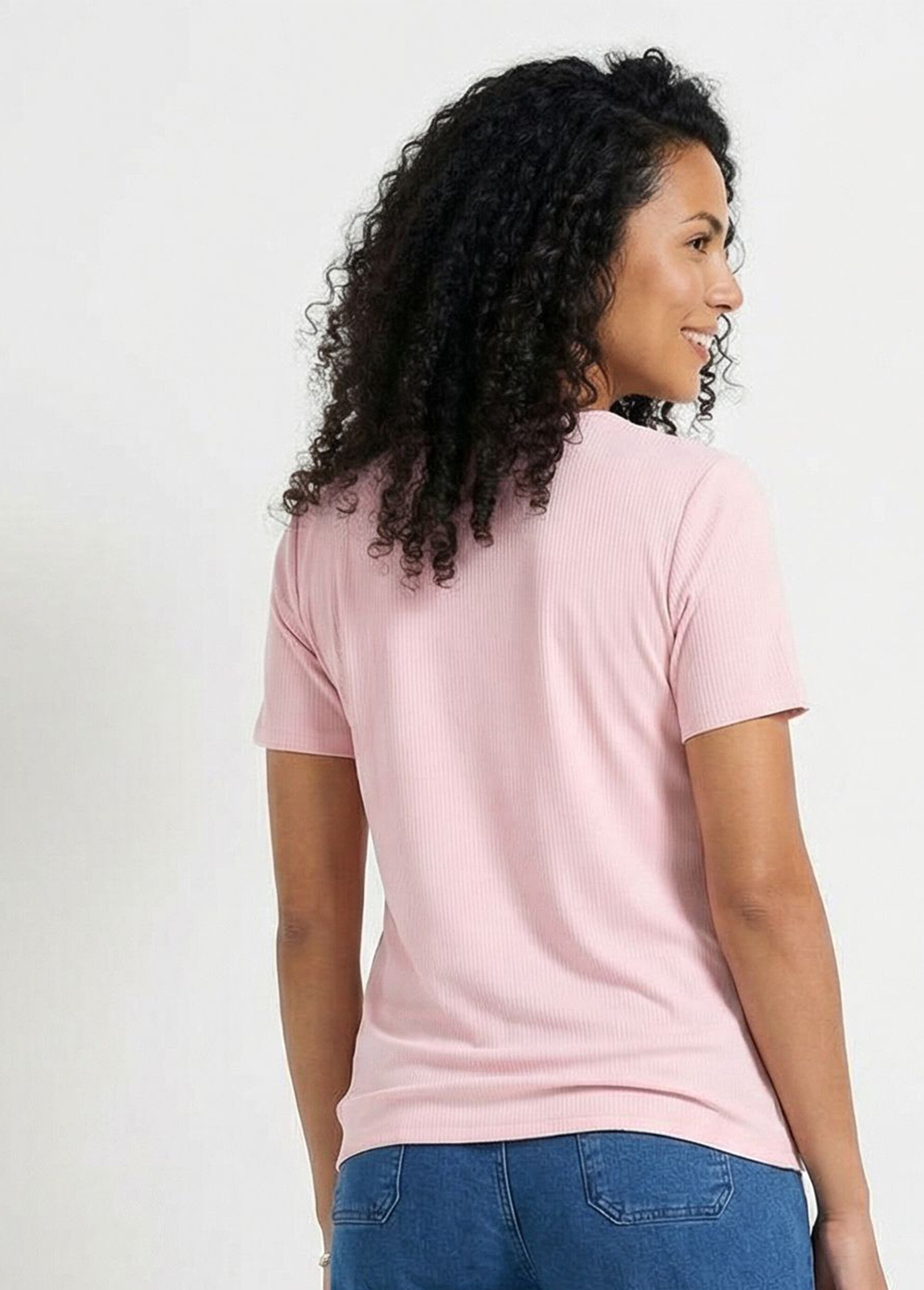 T-shirt col V maille côtelée boutons dorés Femme Rose CALANTIA DO1