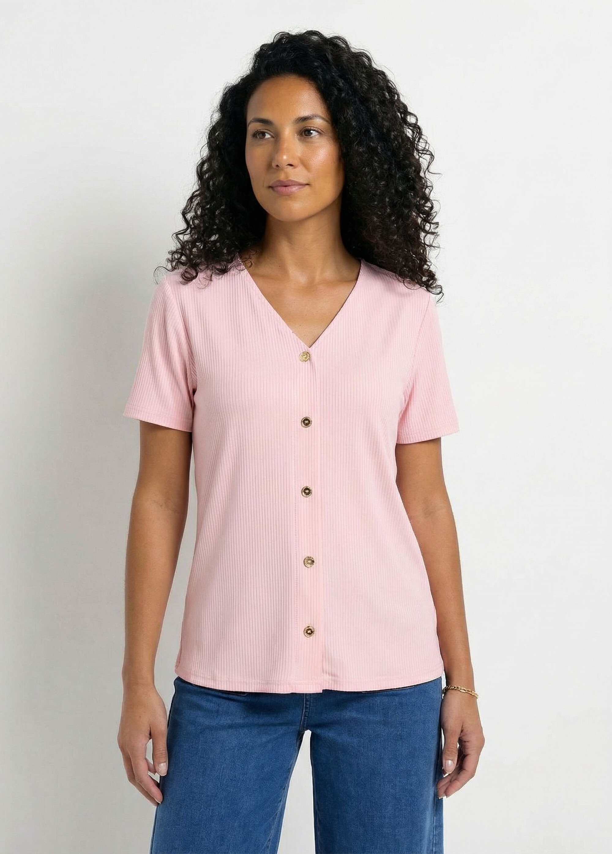 T-shirt col V maille côtelée boutons dorés Femme Rose CALANTIA FA1