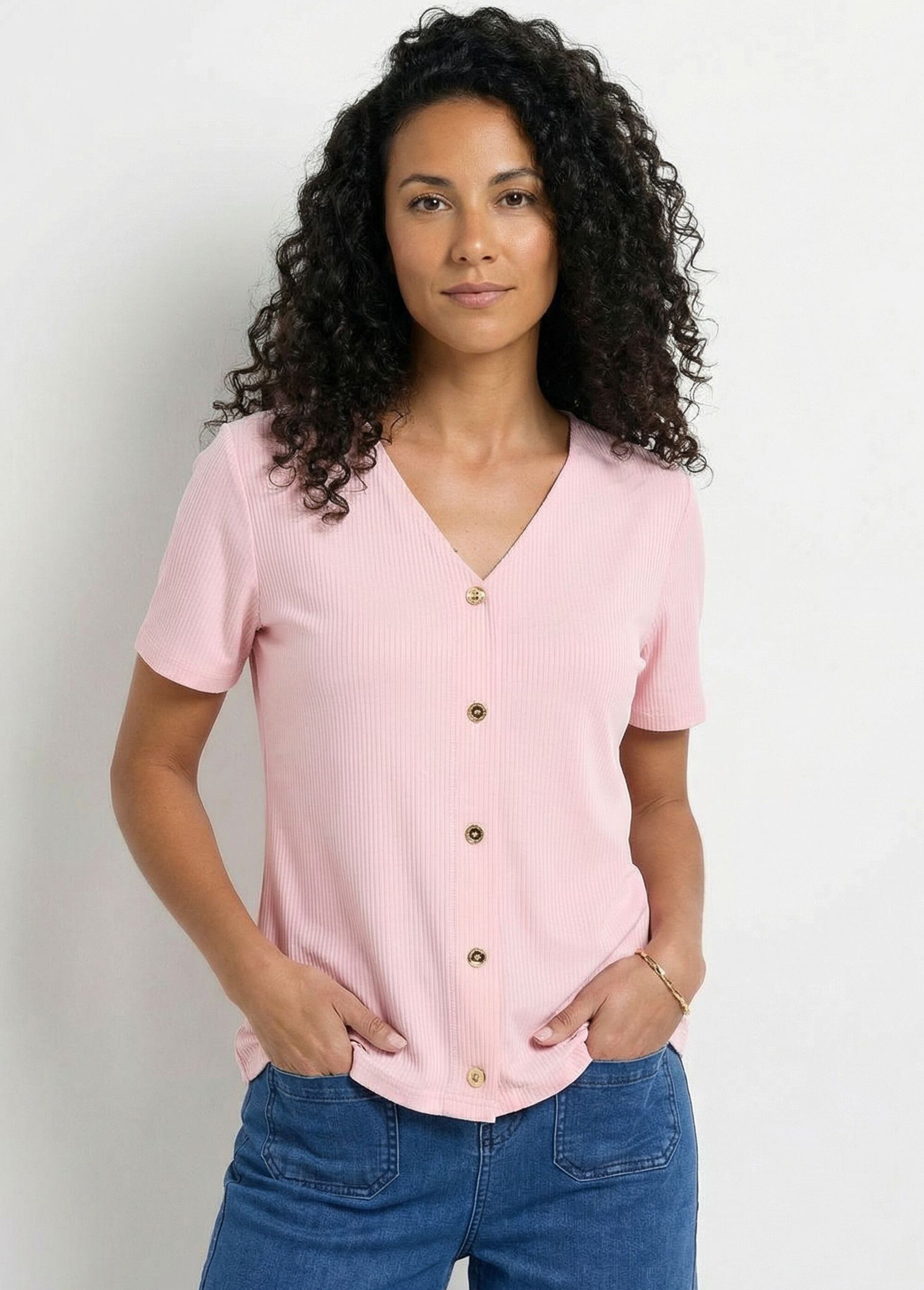 T-shirt col V maille côtelée boutons dorés Femme Rose CALANTIA MV1