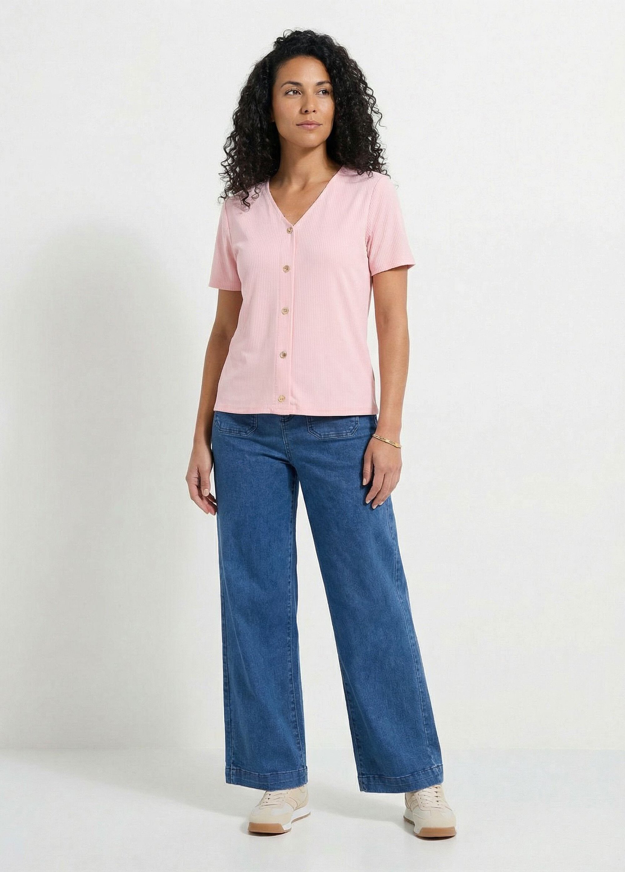 T-shirt col V maille côtelée boutons dorés Femme Rose CALANTIA SF1