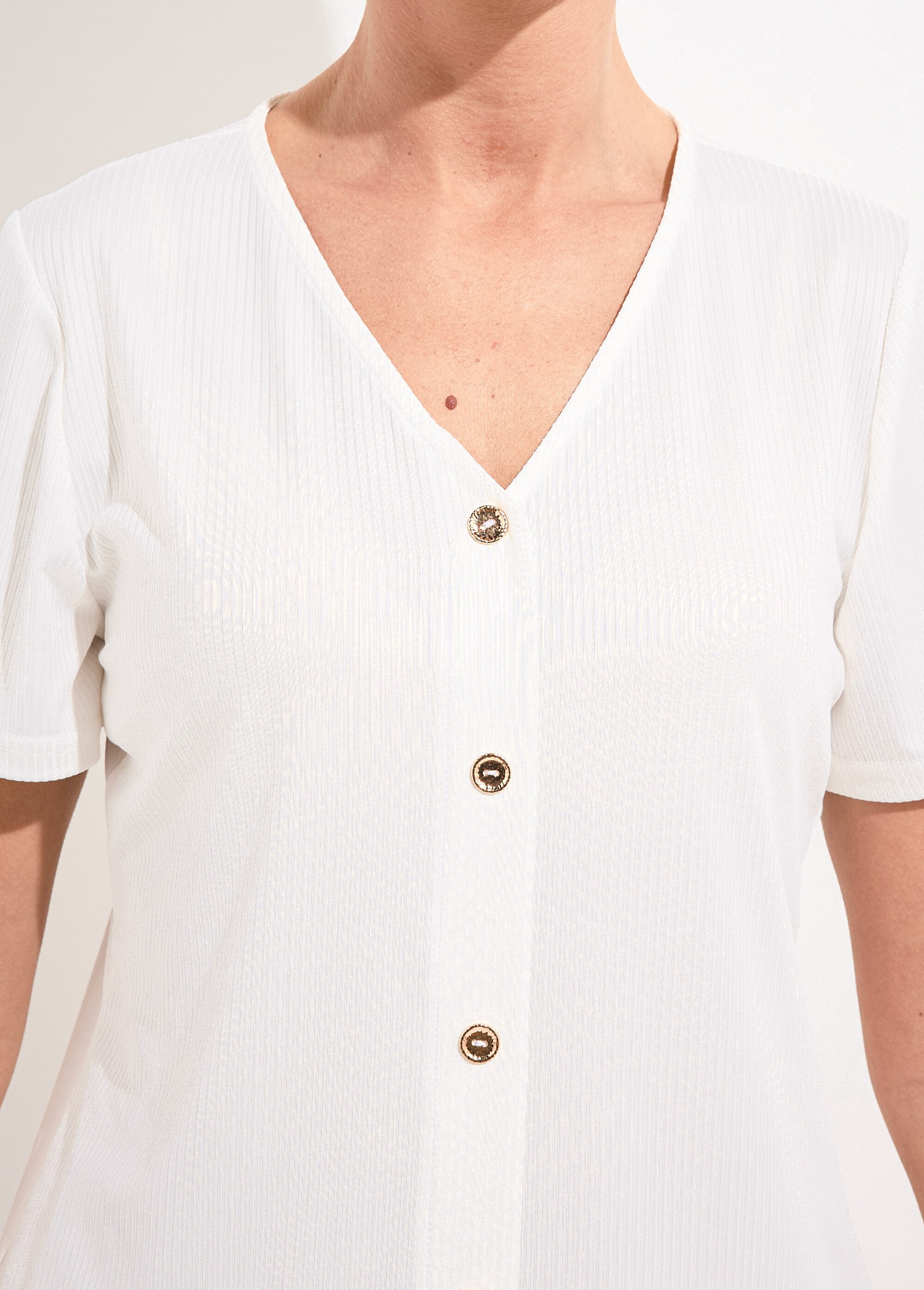 T-shirt col V maille côtelée boutons dorés Femme Blanc CALANTIA DE1
